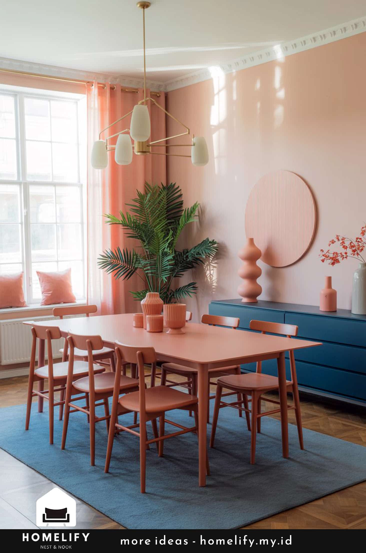 Coral table & blue rug playful nordic dining room design