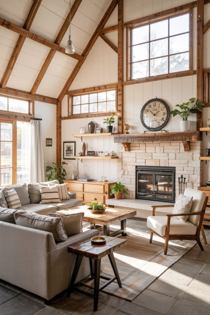 Cozy barndominium living room with sectional sofa