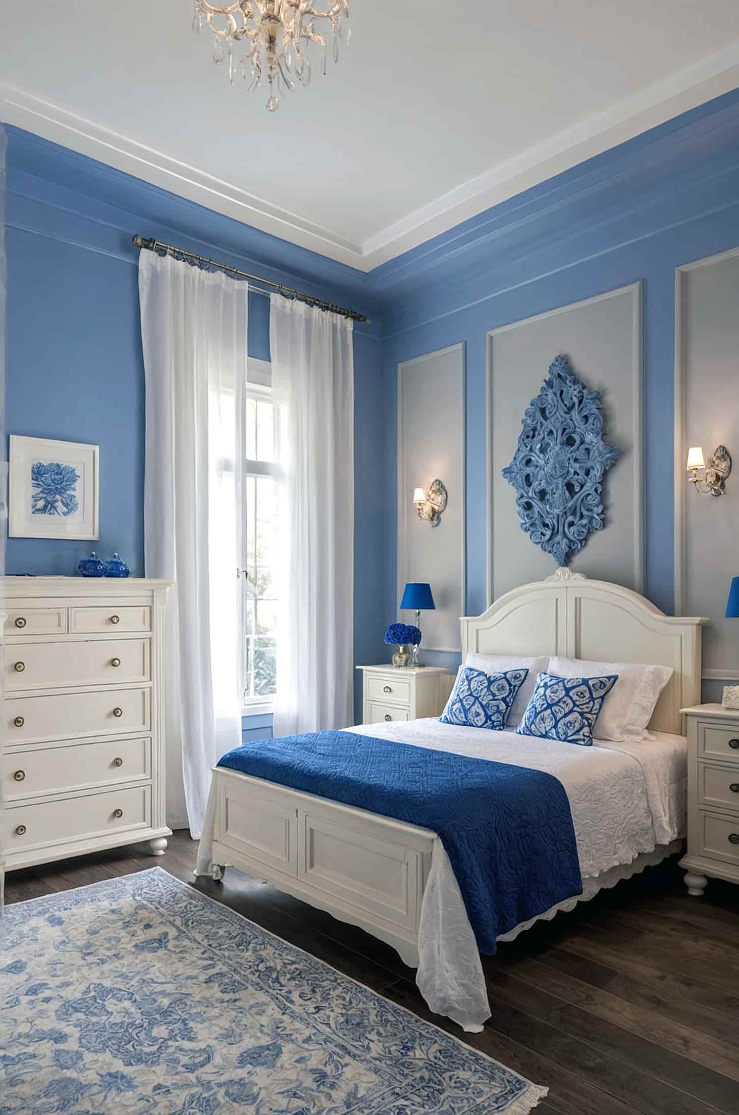 Create striking visual interest in your blue bedroom with contrasting elements