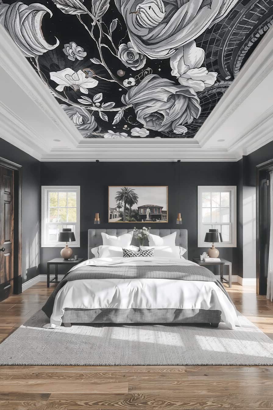 Create a bold and dramatic bedroom with jet black walls and a mural ceiling