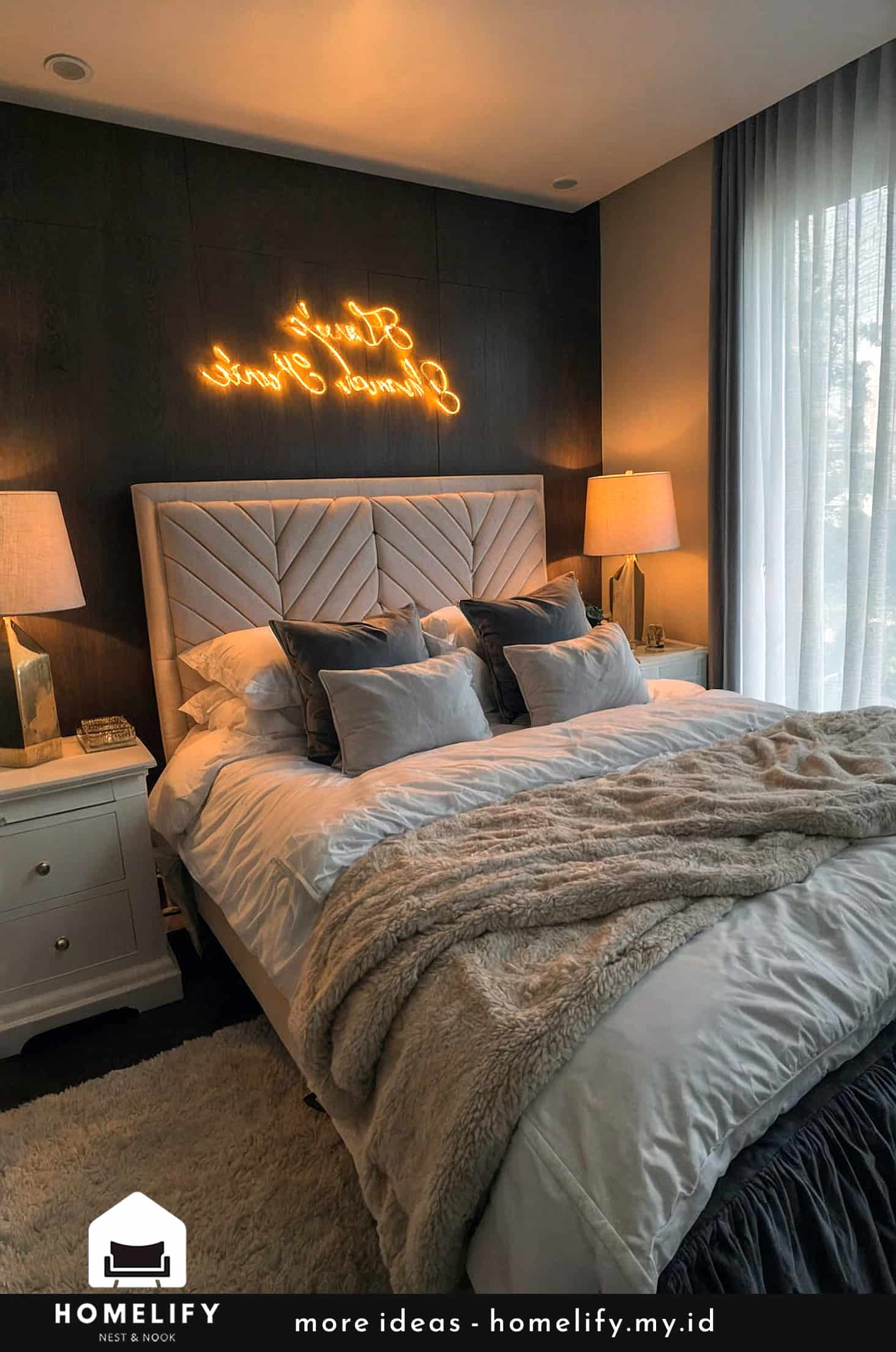 Create a cozy modern bedroom with an led sign above your bed