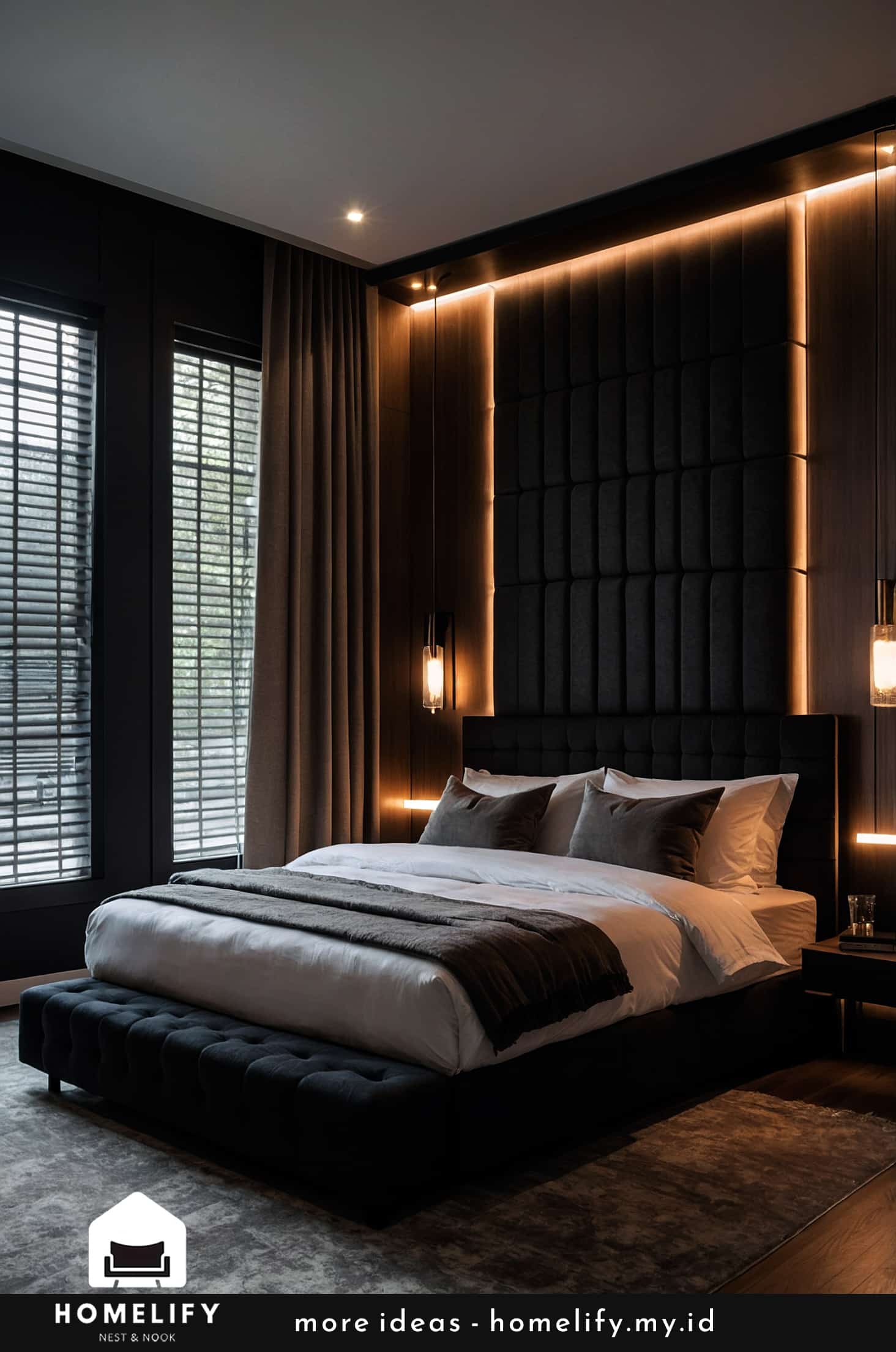 Create a cozy, peaceful bedroom with dark acoustic wall panels