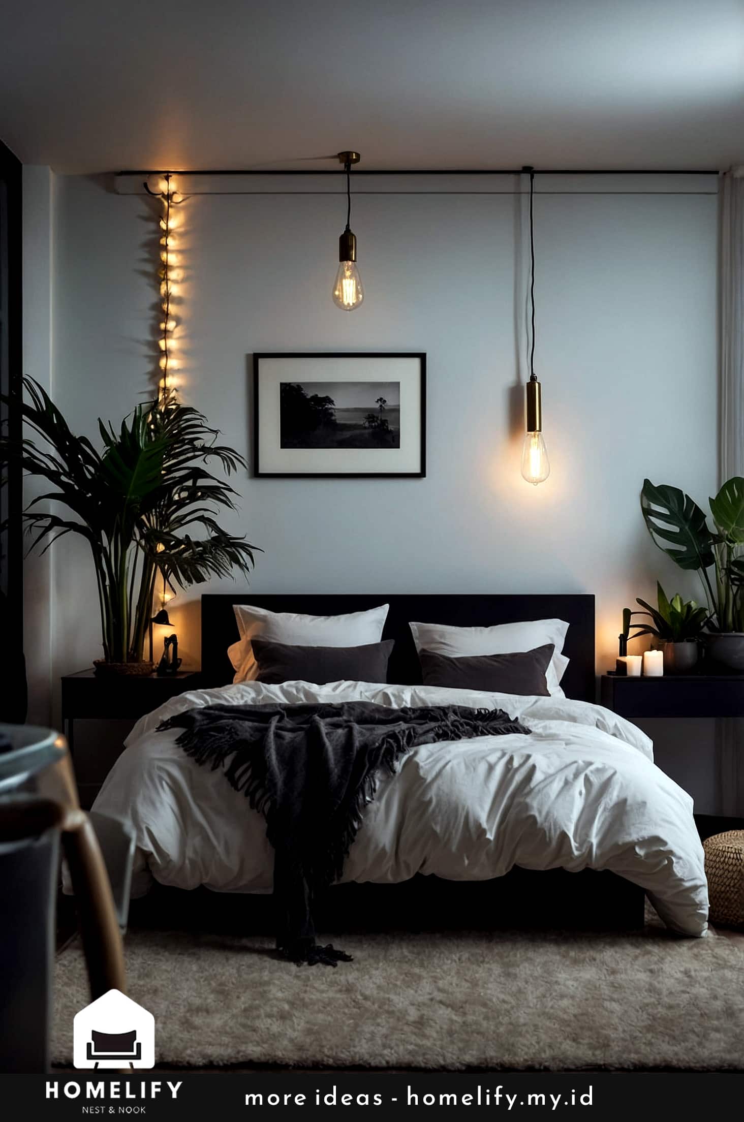 Create a cozy and mysterious bedroom with greenery and dim lights