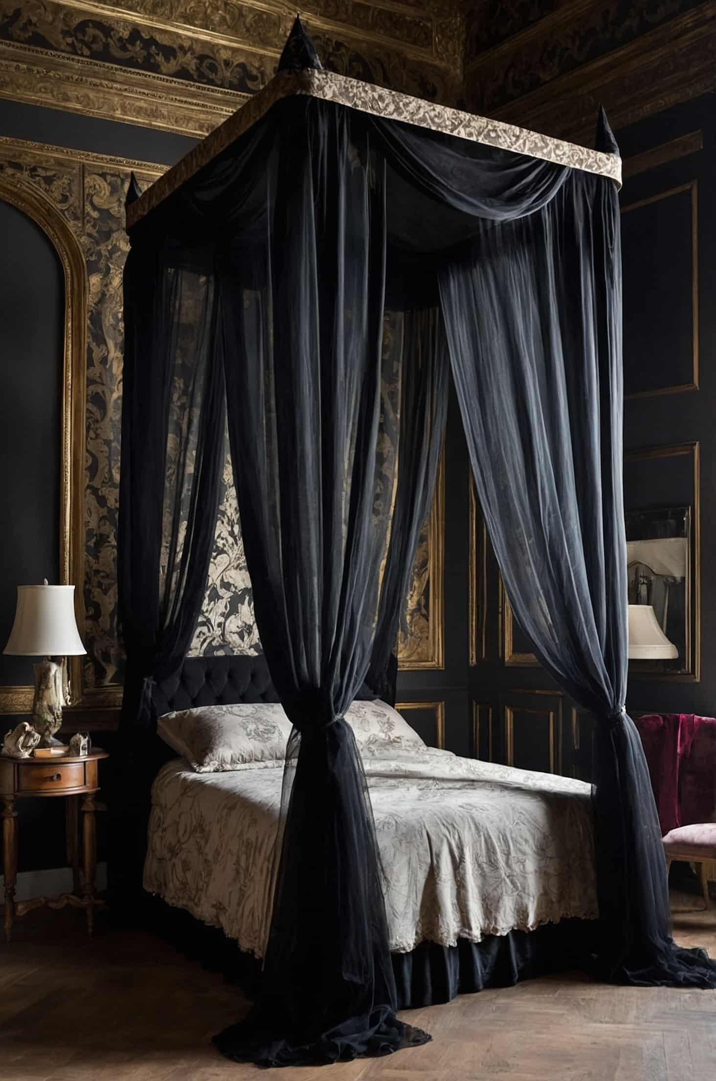 Create a dreamy gothic retreat with a delicate bed canopy