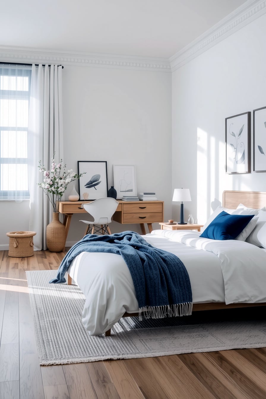 Create a fresh, balanced look with white furniture and blue walls