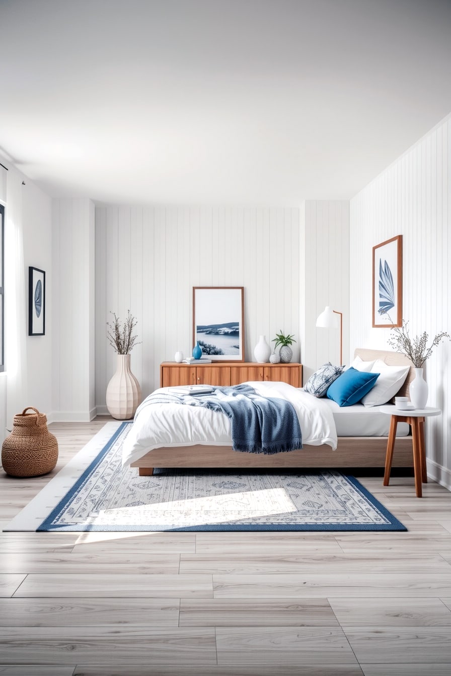 Create a fresh, inviting bedroom with blue furniture and white walls