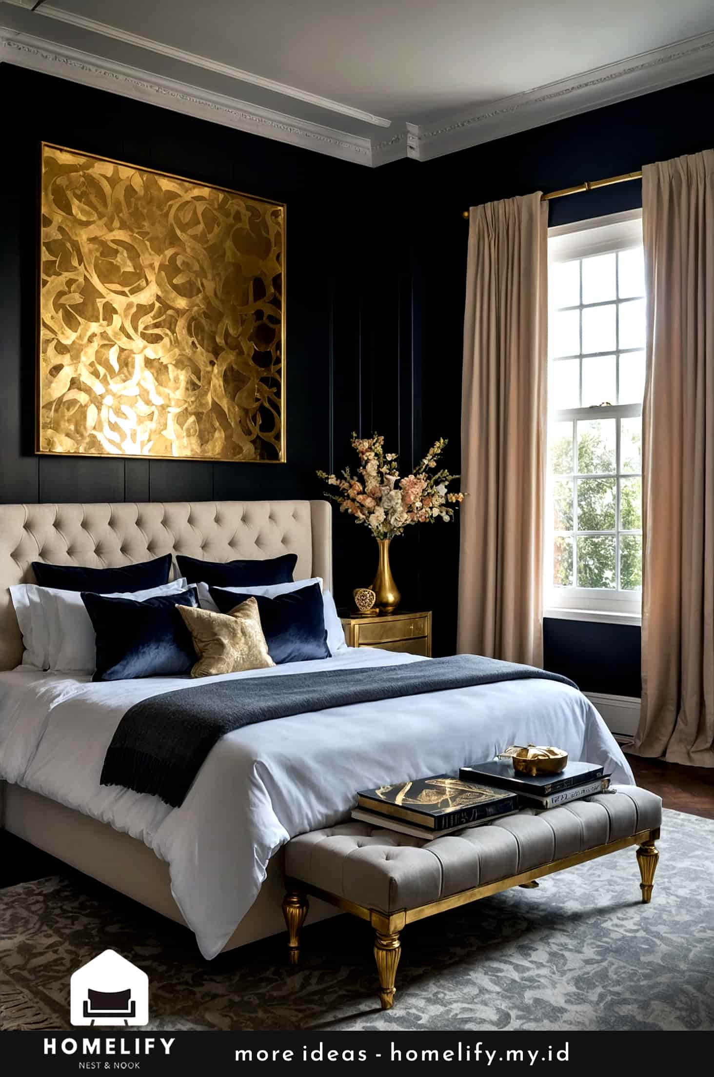Create a luxurious vibe with gilded art above your bed