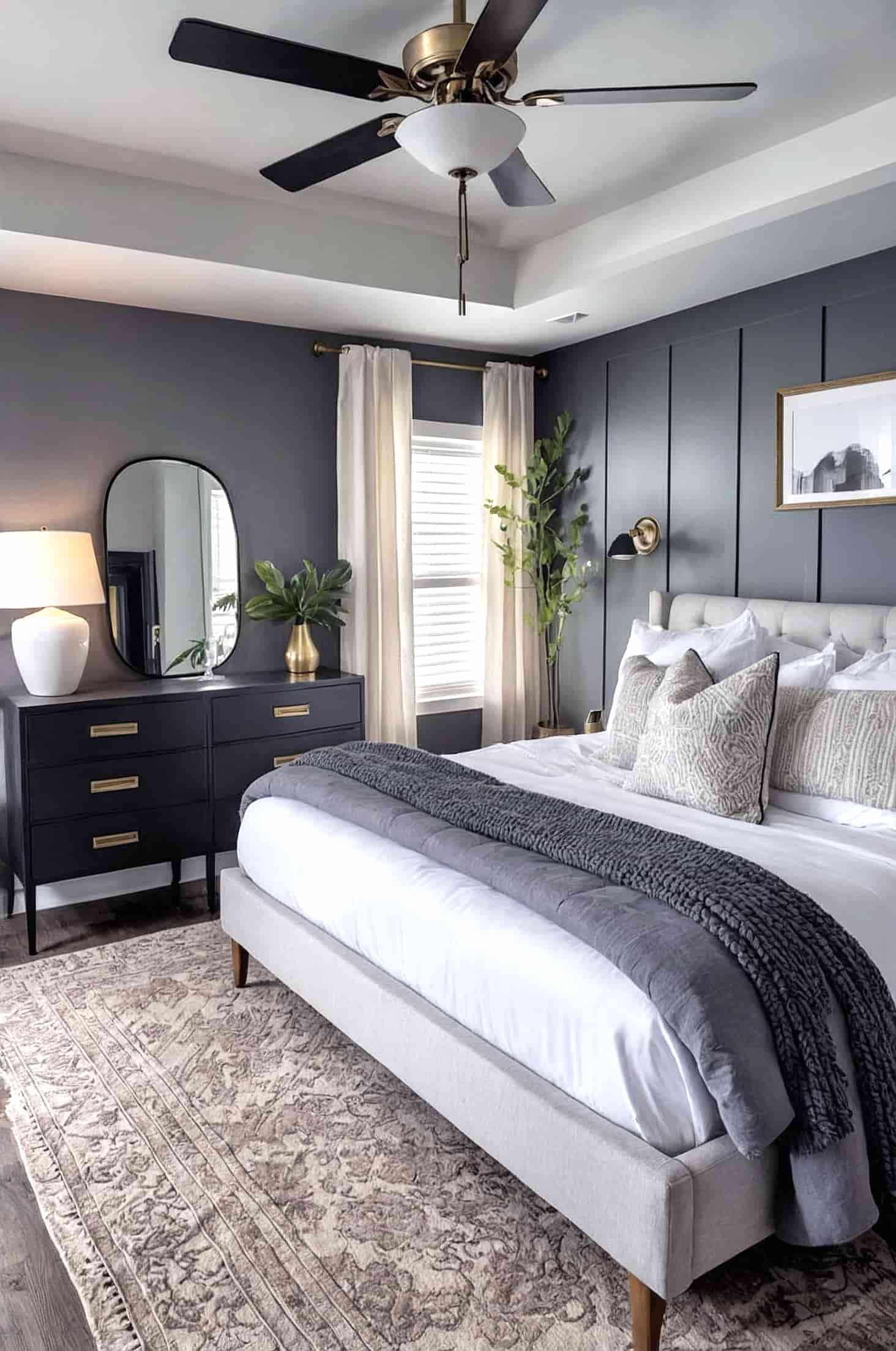 Create a modern, clean aesthetic with a black and white bedroom design