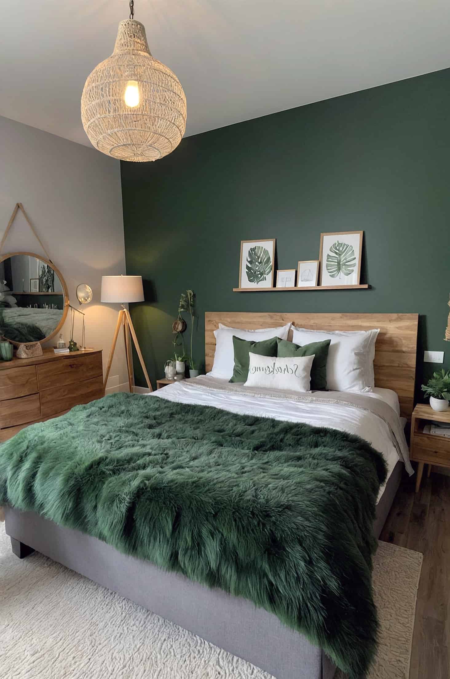 Create a natural, earthy ambiance in your bedroom with deep dark green