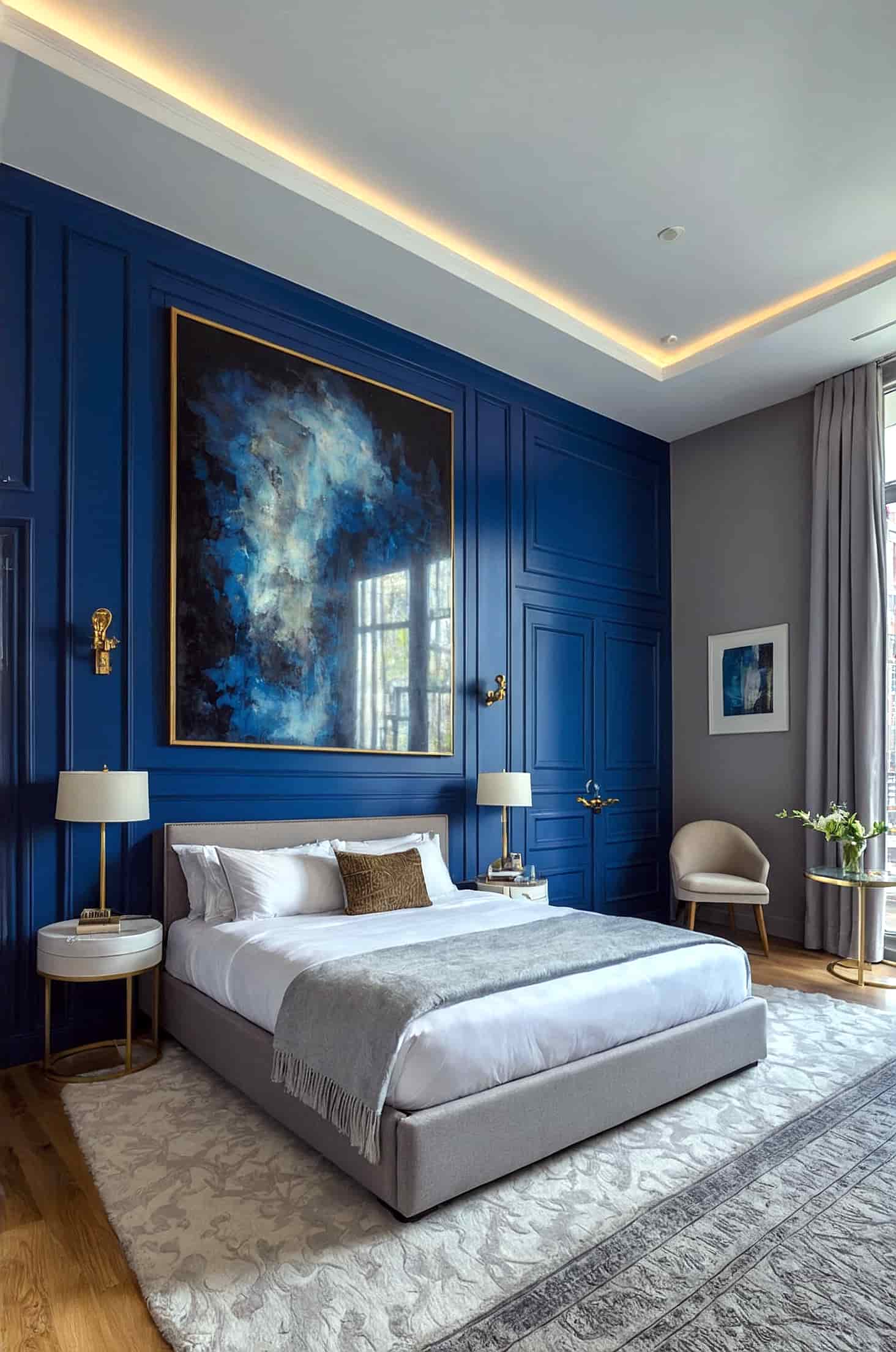Create a regal bedroom with bold royal blue walls