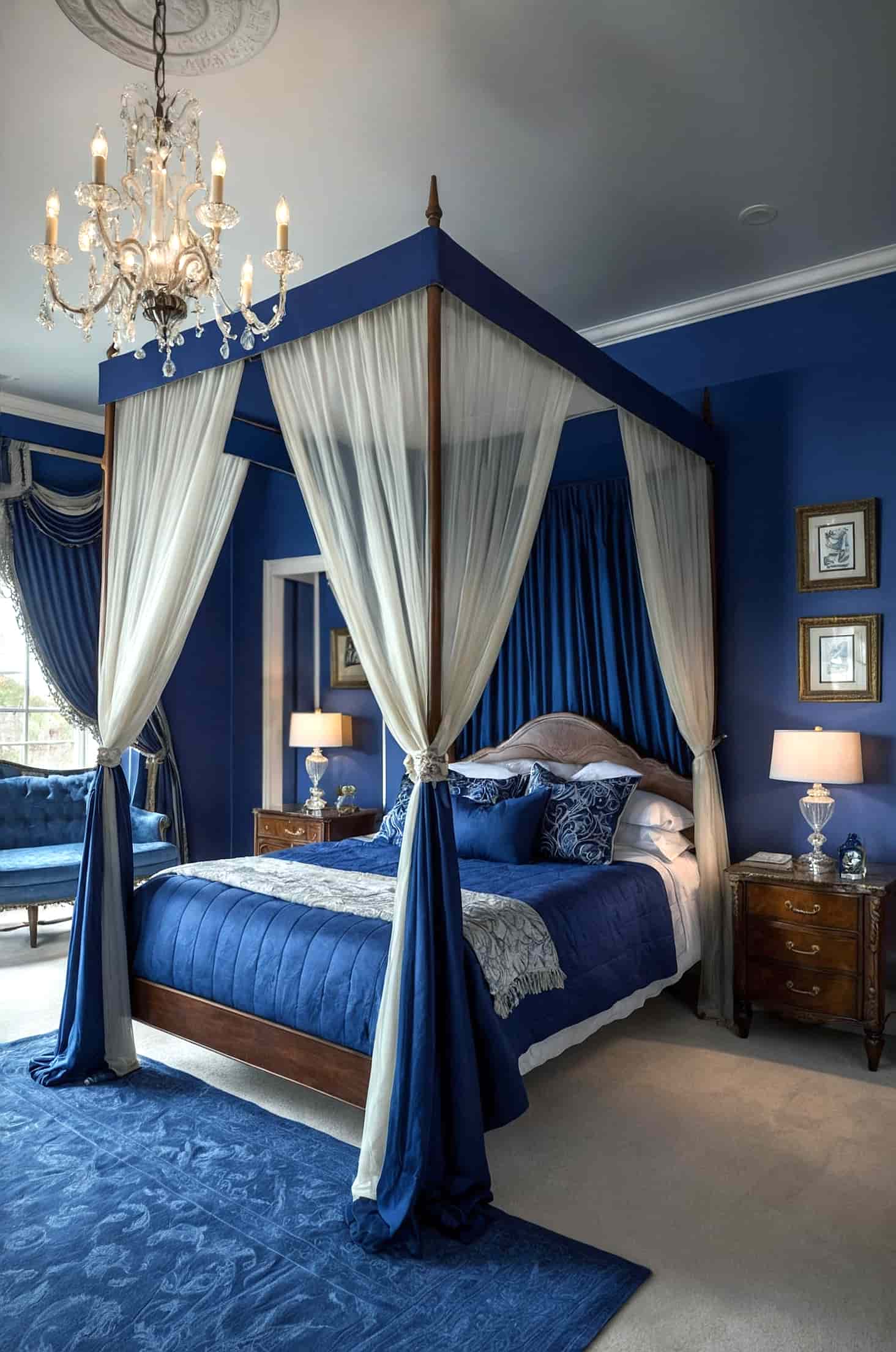 Create a royal bedroom with a luxurious canopy bed and rich blue tones