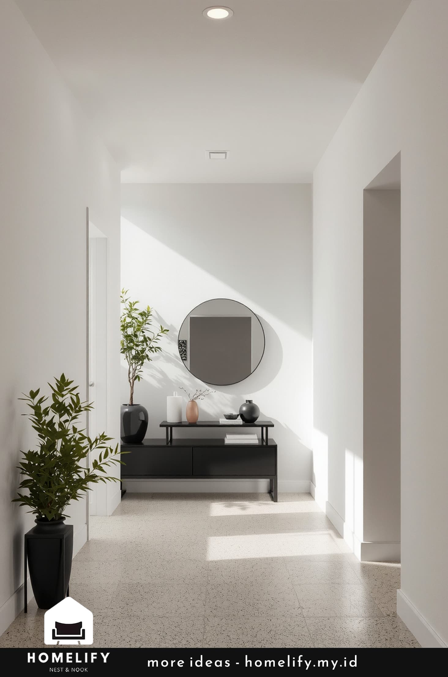 Create a serene hallway with modern simplicity and natural touches
