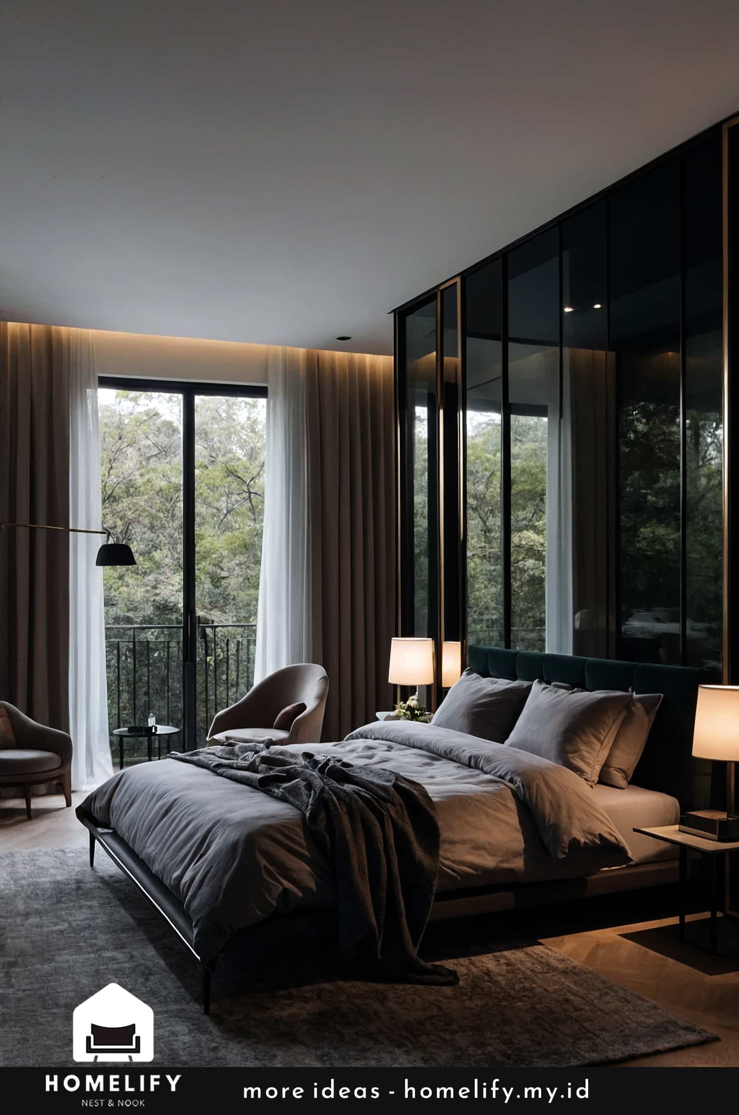 Create a stylish, romantic bedroom with glass wall to ceiling wardrobes