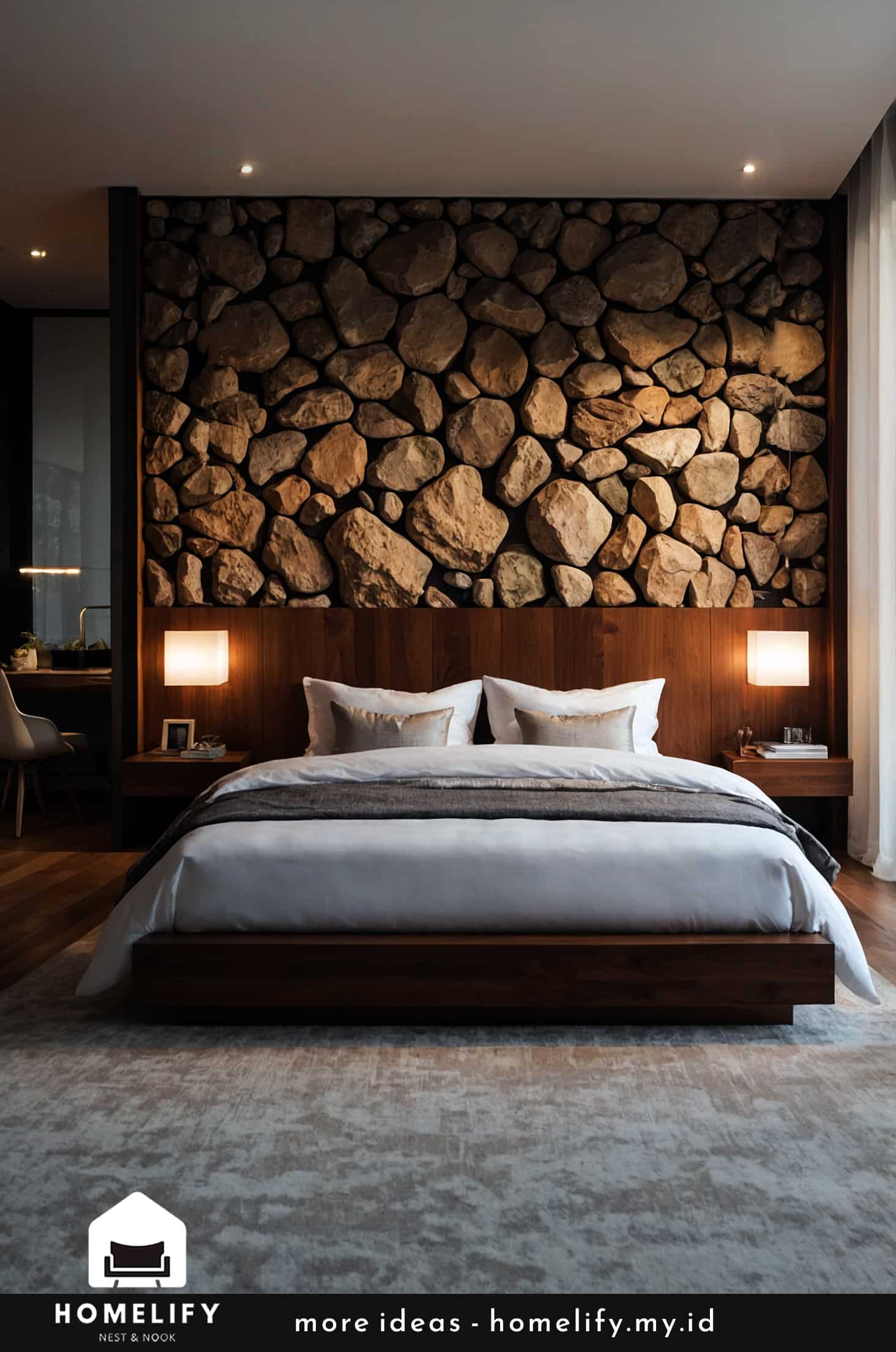 Create a unique, earthy bedroom with natural rock elements