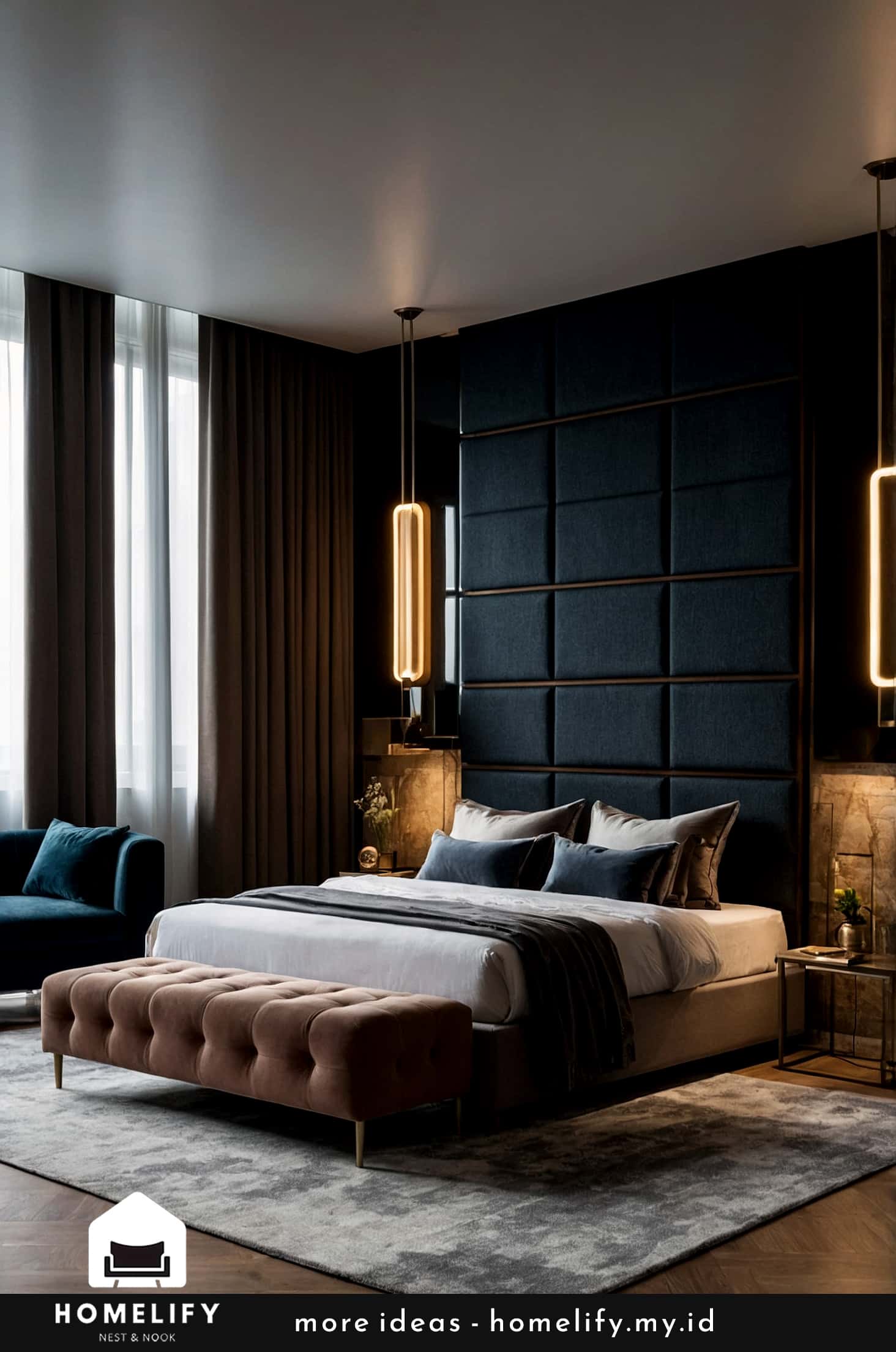 Dark acoustic wall panels for a quiet, luxurious bedroom