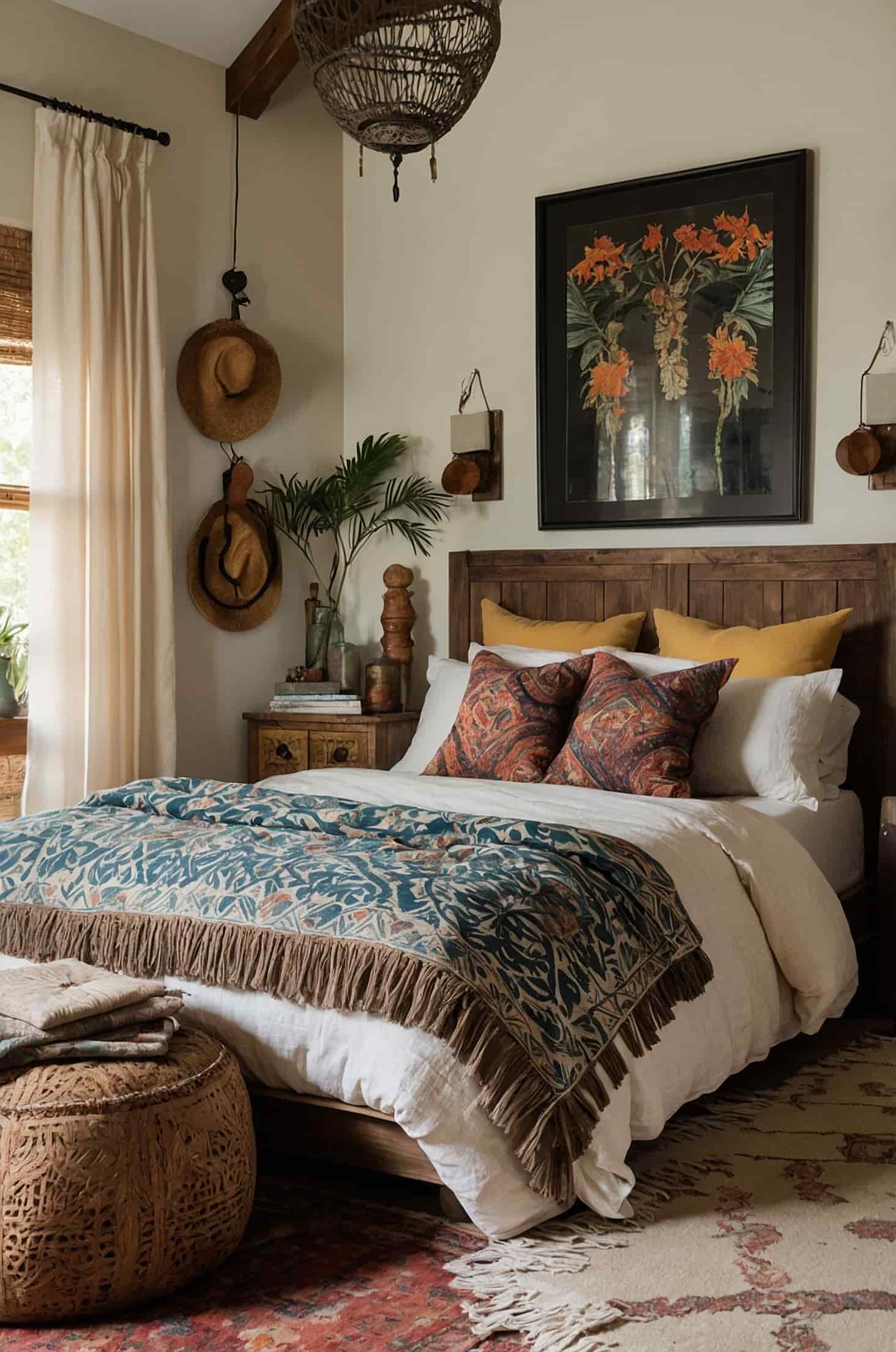 Design a relaxing bohemian bedroom with eclectic furniture and bold patterns