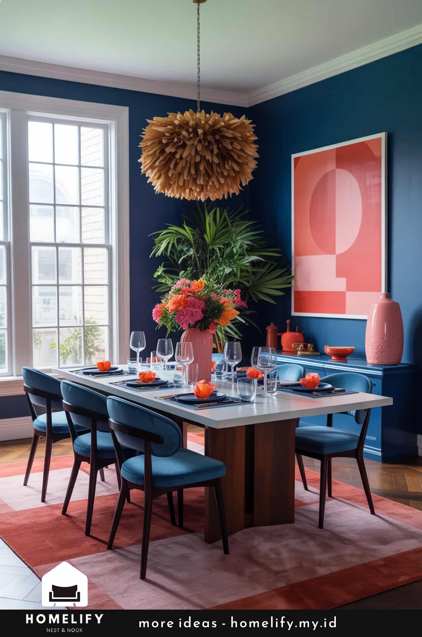 Dynamic dining room with navy blue, coral, and bold accents