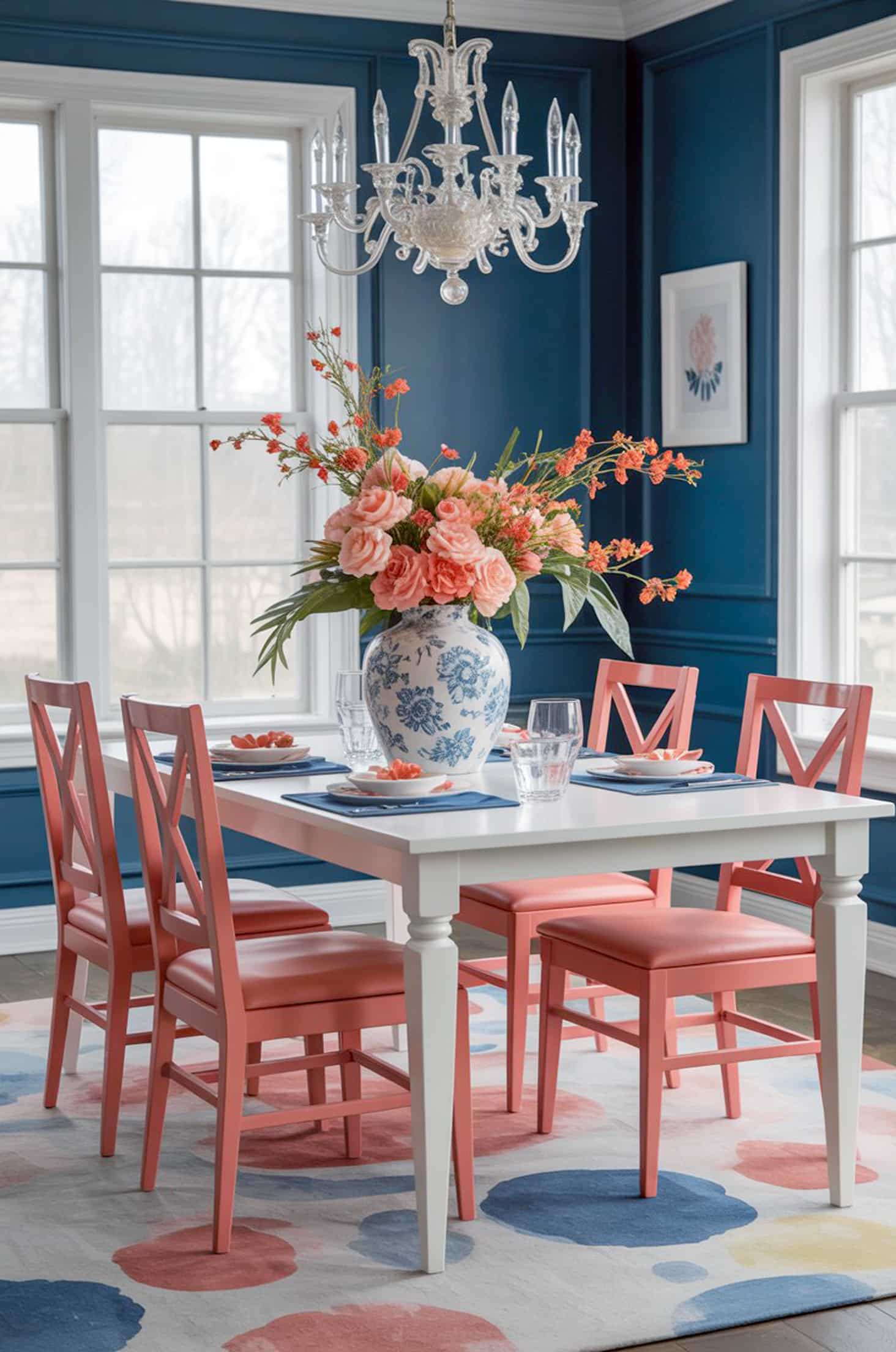 Elegant coral & navy dining room with white table and floral accents