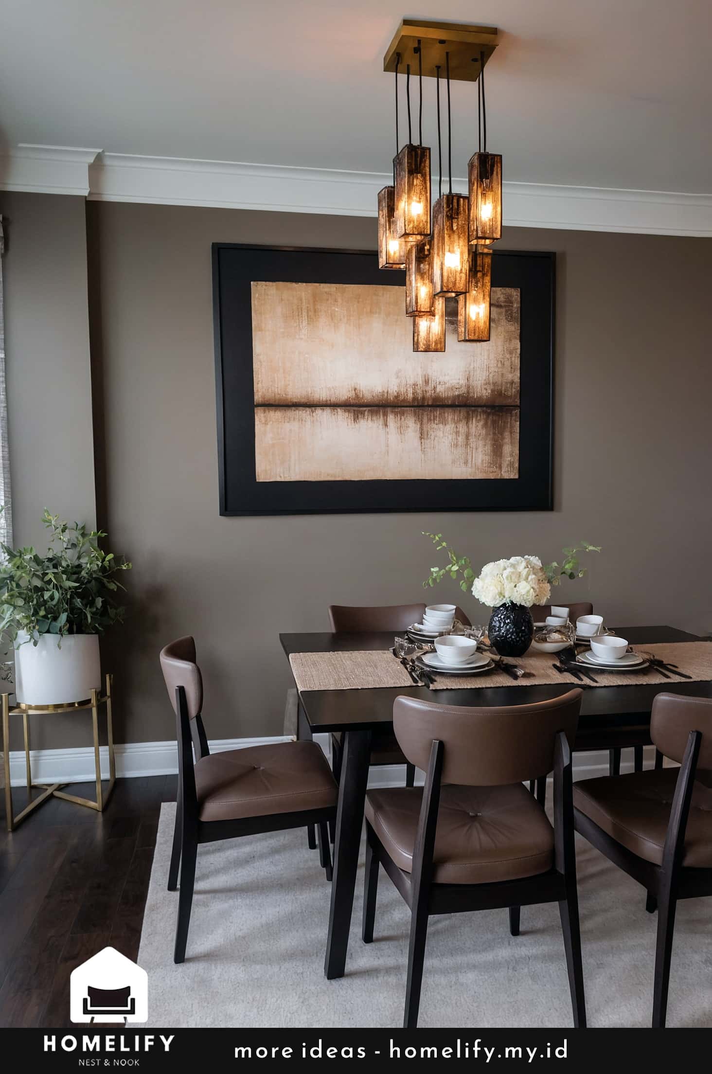Elegant dining room with tiffany chandeliers and modern gallery furniture