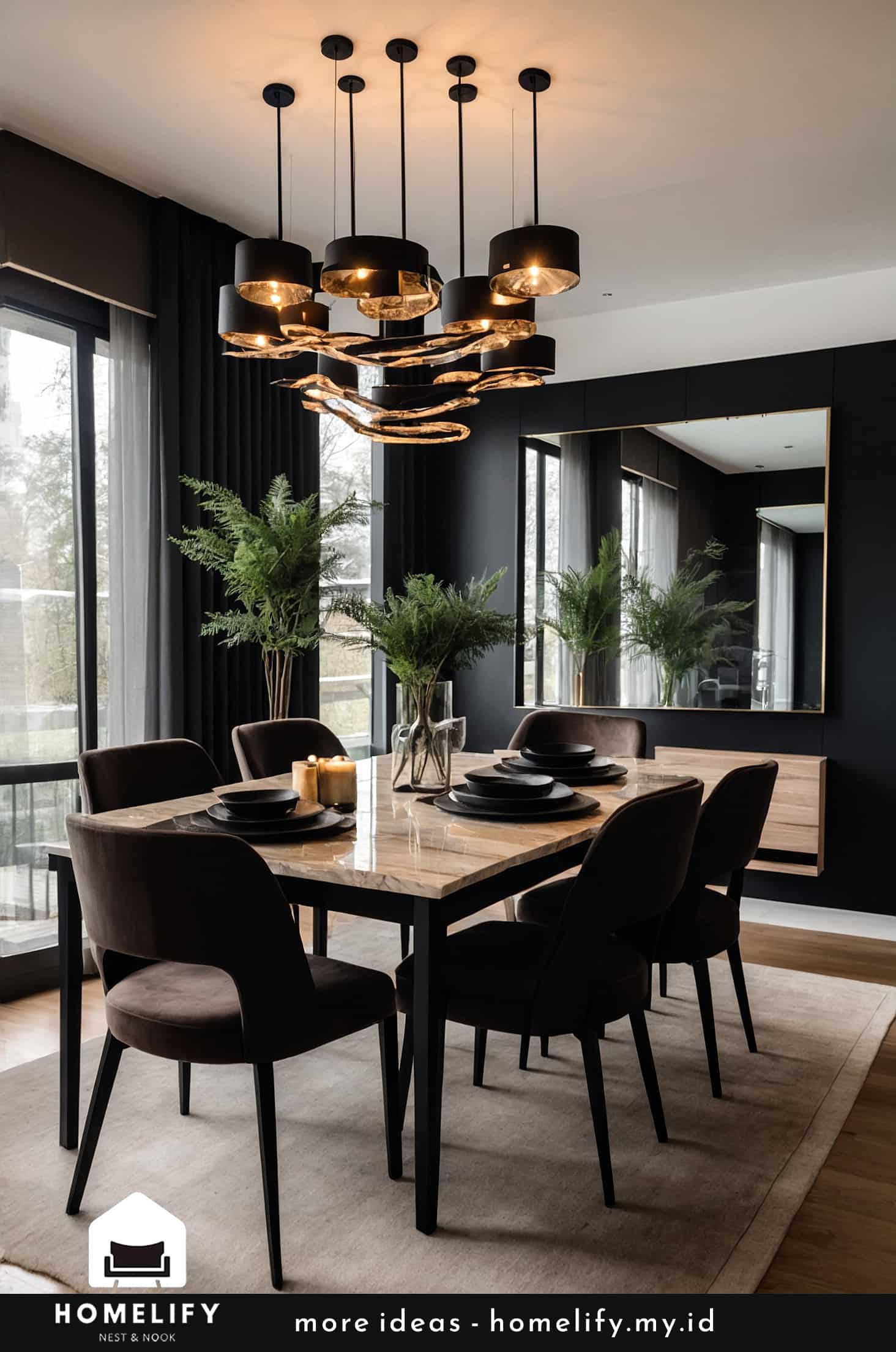 Elegant modern black dining room with peugot onyx tables