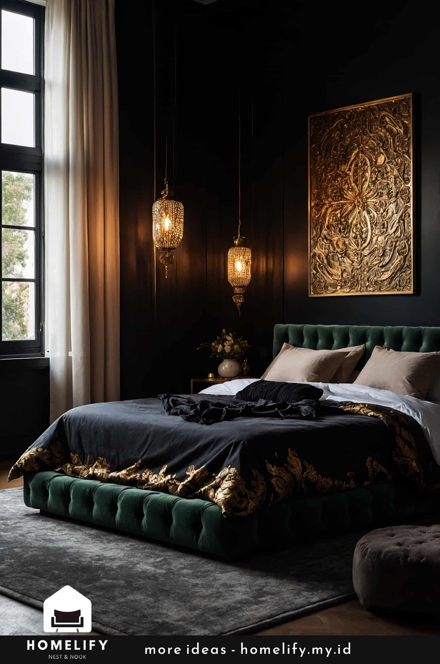Elevate your bedroom with gilded decorative art above the bed