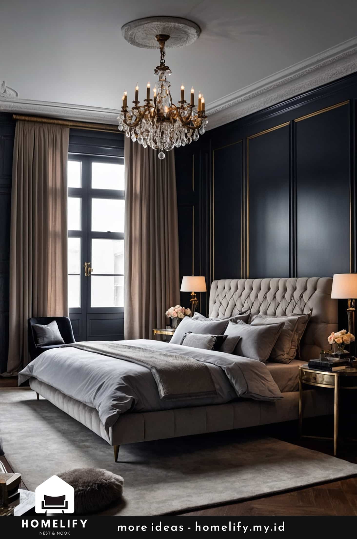 Elevate your dark bedroom with detailed wall moldings