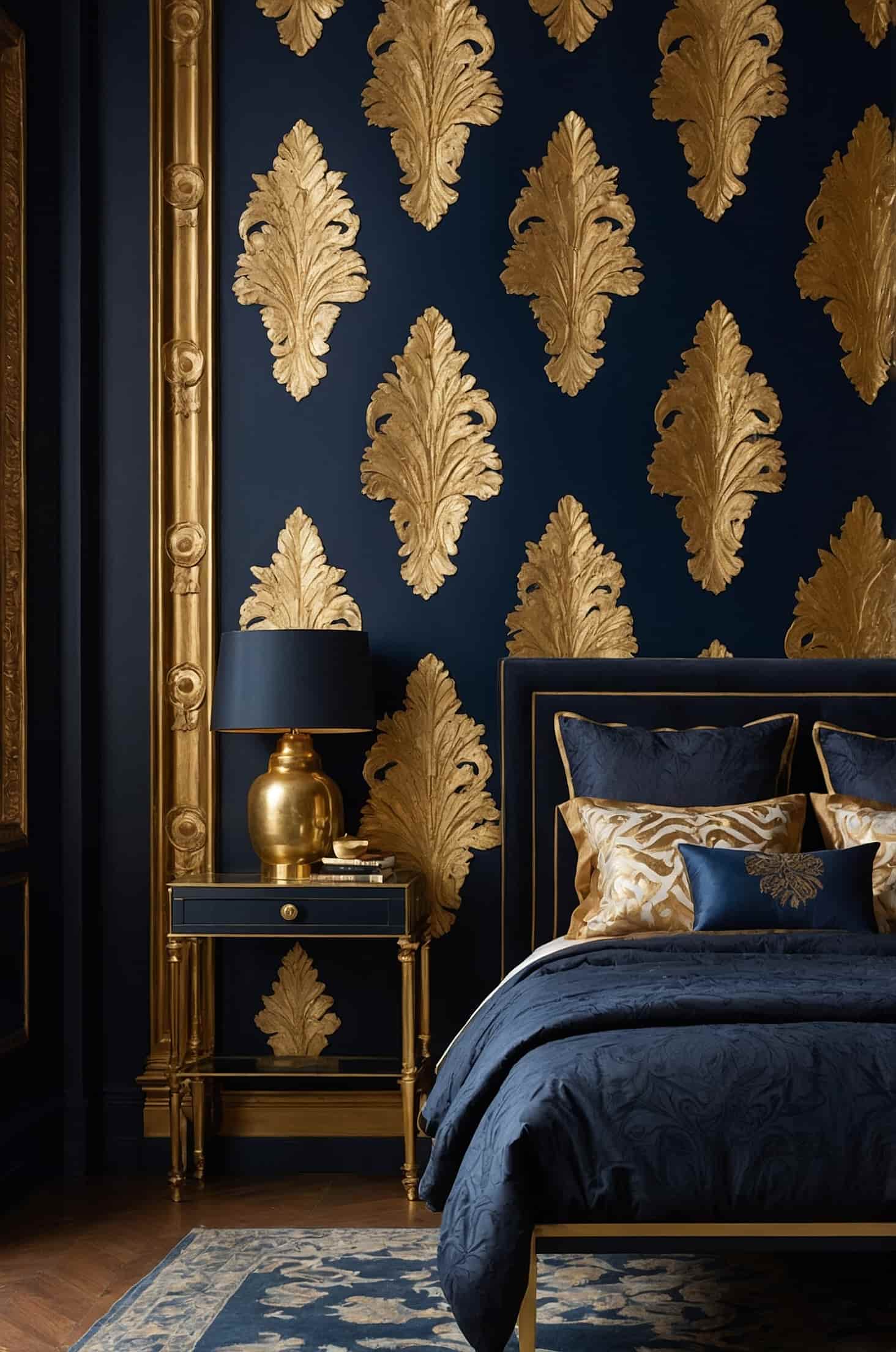 Elevate your dark bedroom with ornamental gilded wall motifs