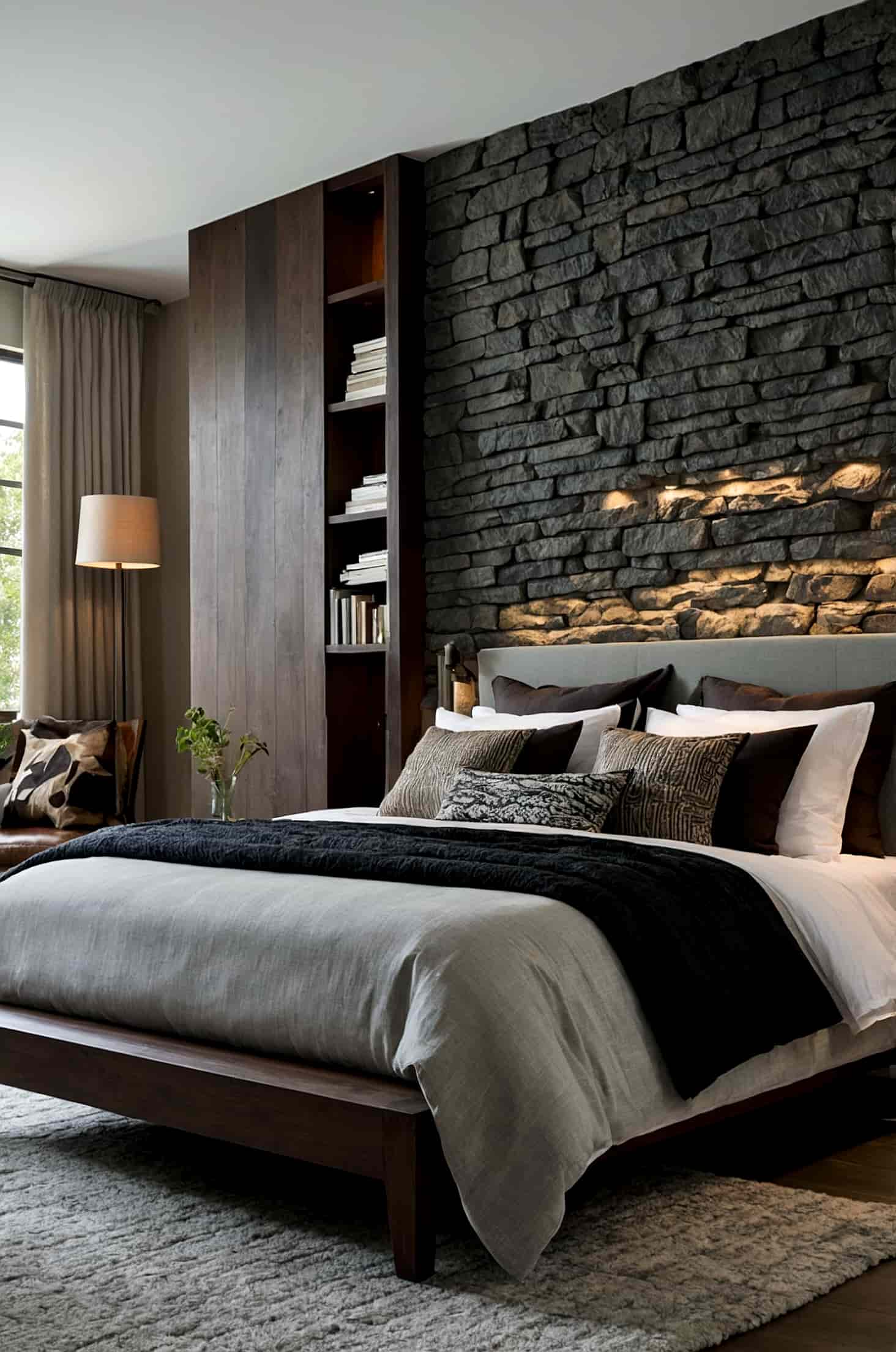 Embrace earthy elegance with stone clad bedroom walls