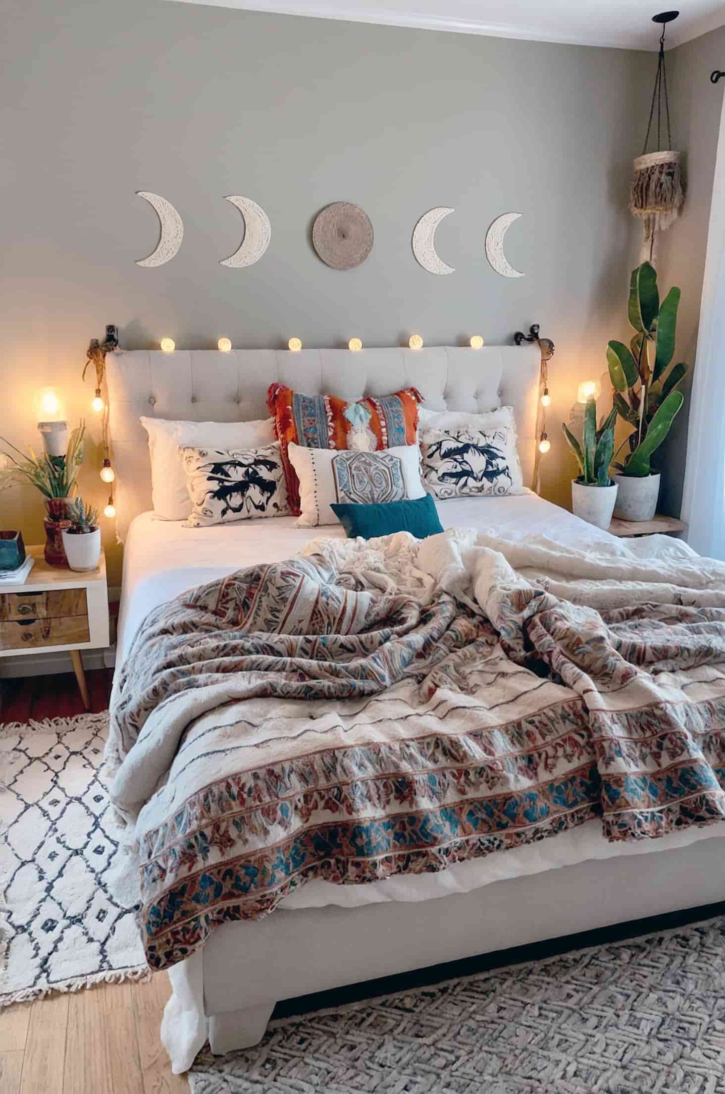Embrace a laid back bohemian bedroom design with bold patterns and rich textures