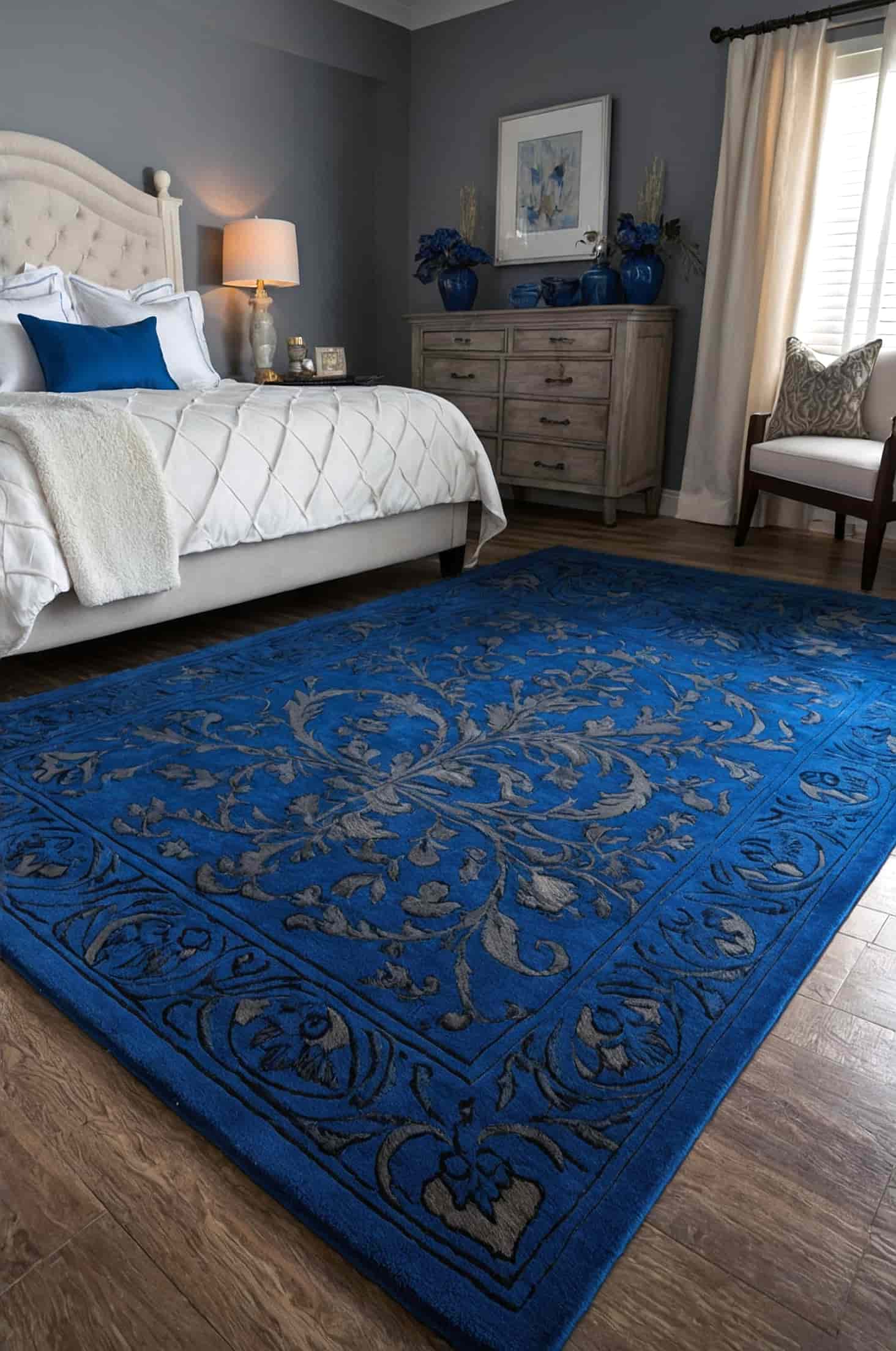 Enhance your blue bedroom with patterned rugs for warmth and style