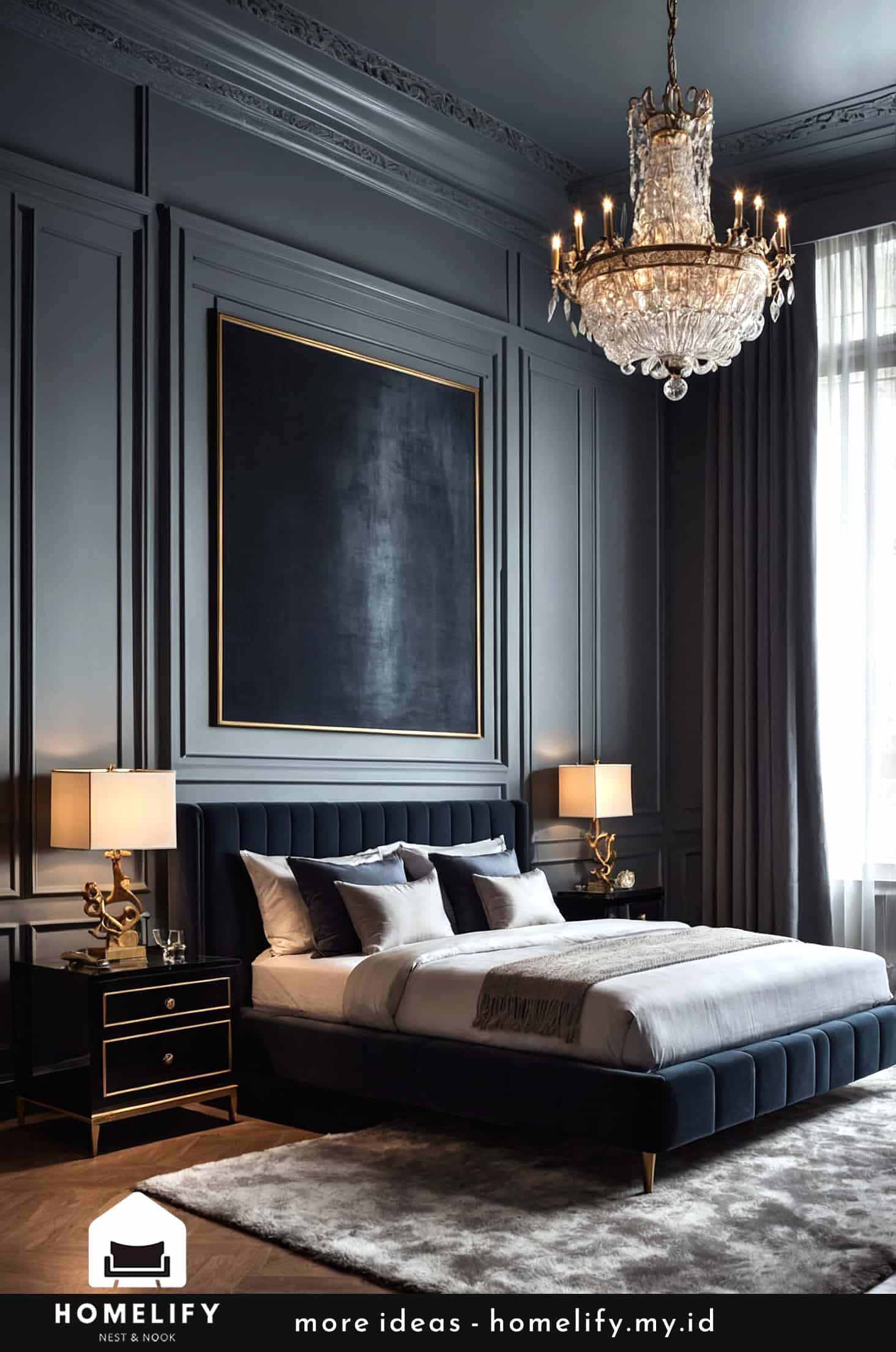Enhance your dark bedroom design with detailed wall moldings