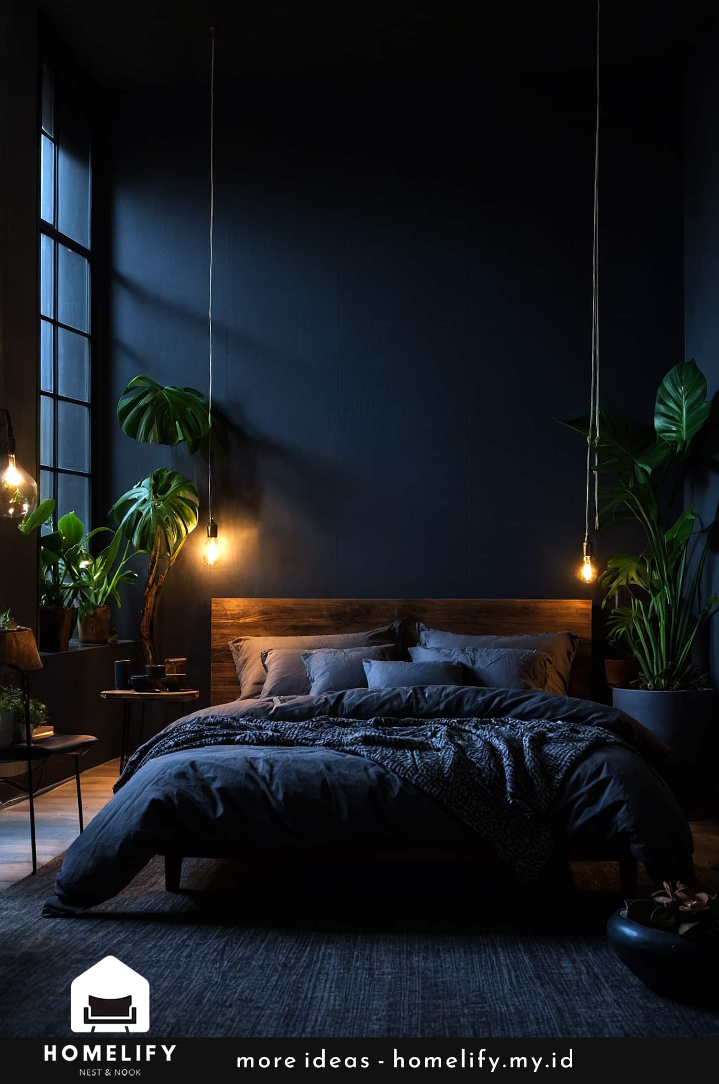 Enhance your dark bedroom with lush plants and dim lighting