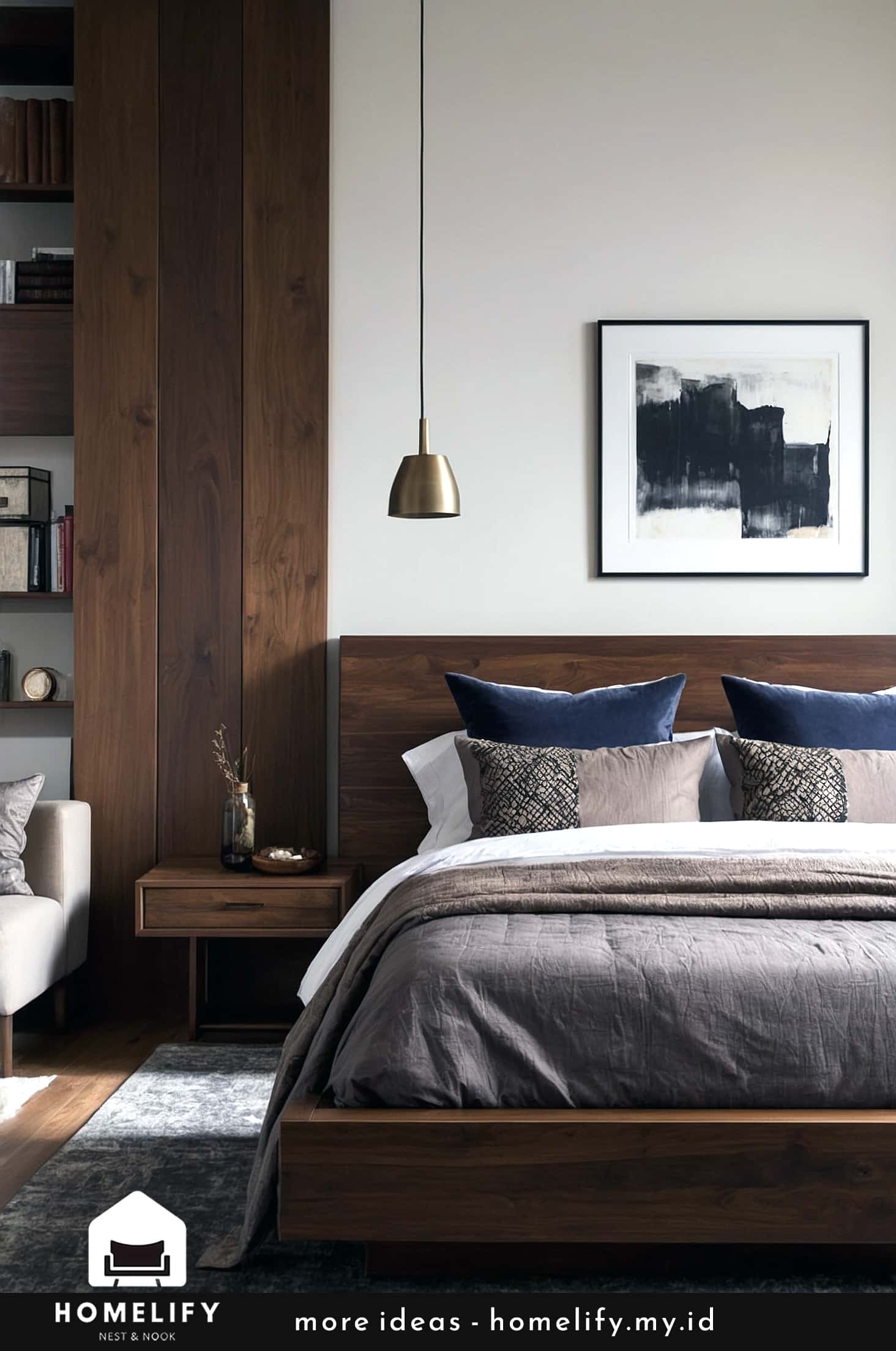 Enhance your dark bedroom with a wooden accent wall