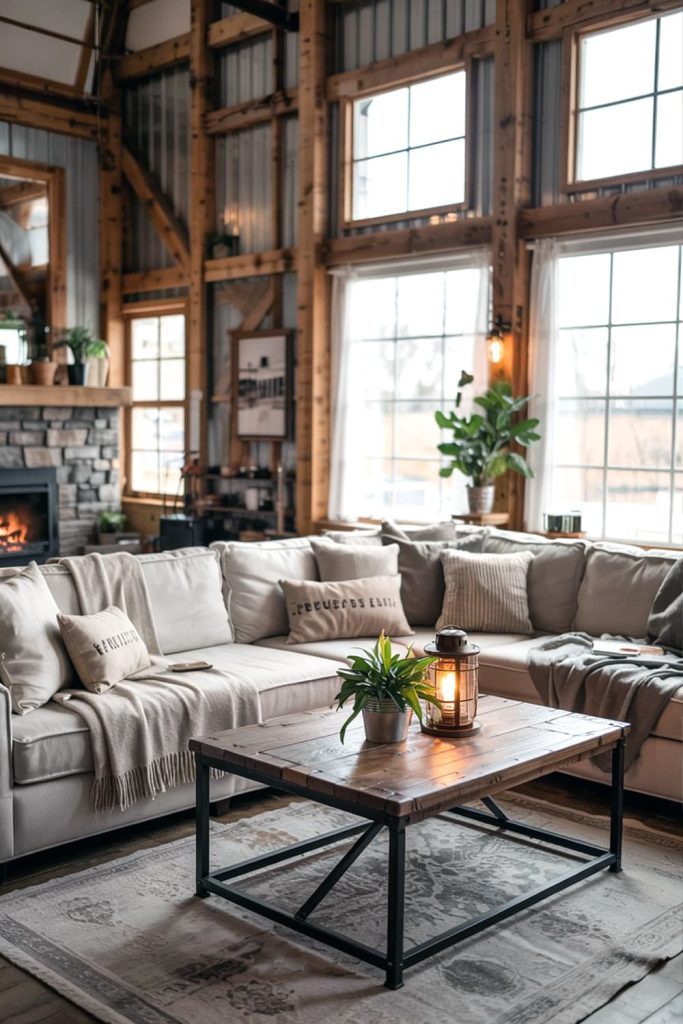 Functional beauty barndominium living room with rustic charm