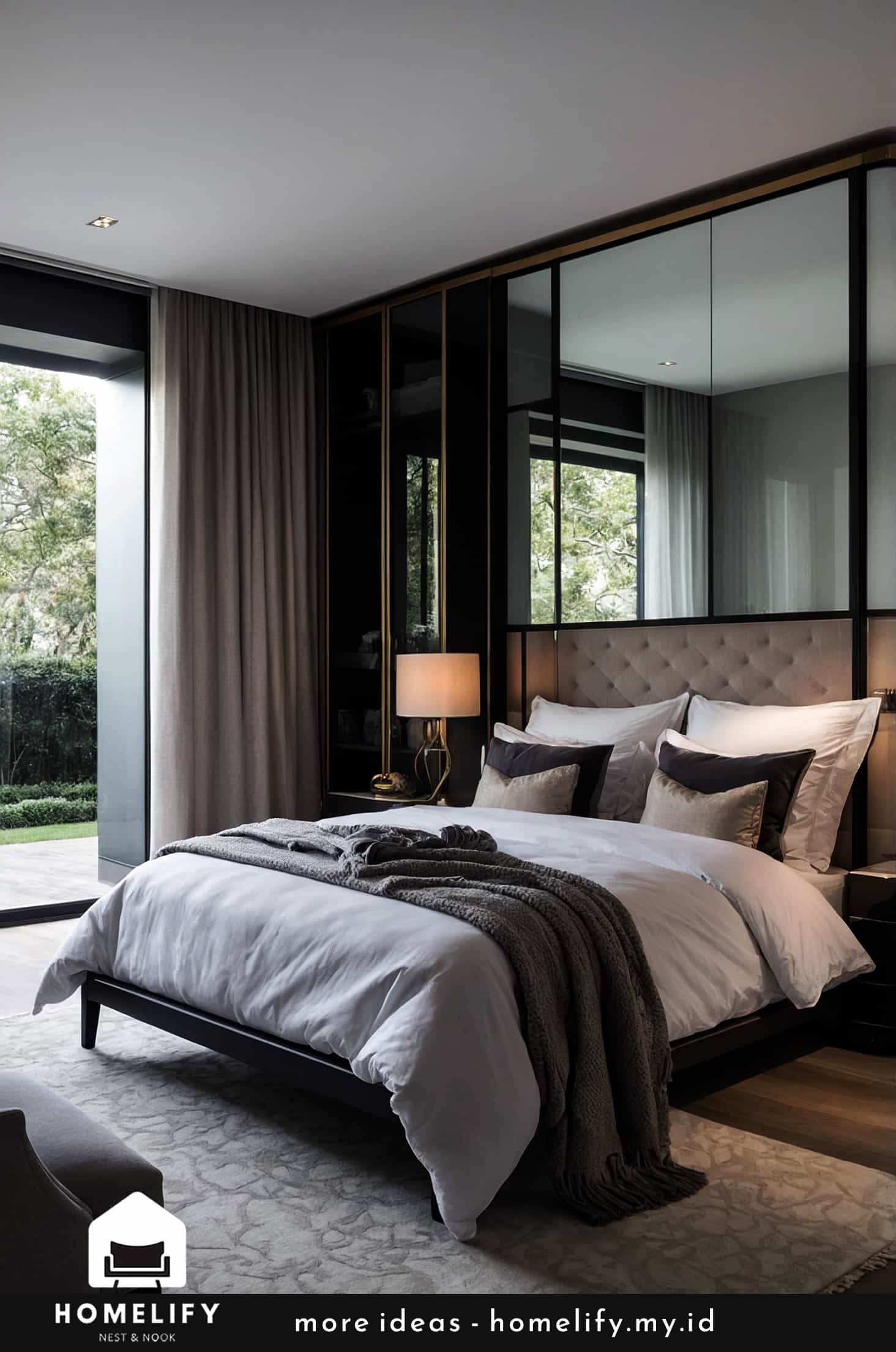Glass wall to ceiling wardrobes for a sophisticated, romantic bedroom