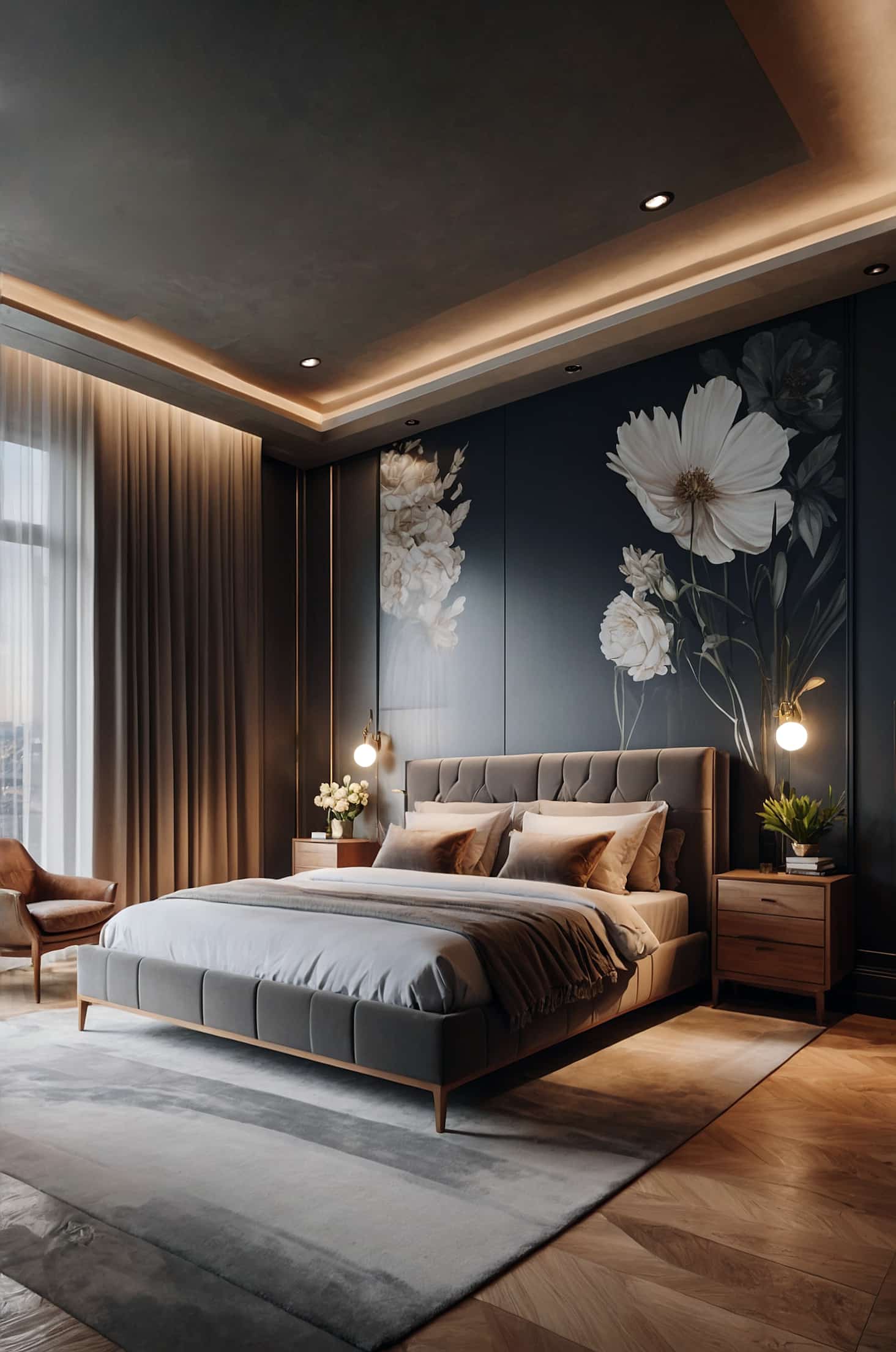 Jet black walls and a mural ceiling for a dramatic, luxurious bedroom