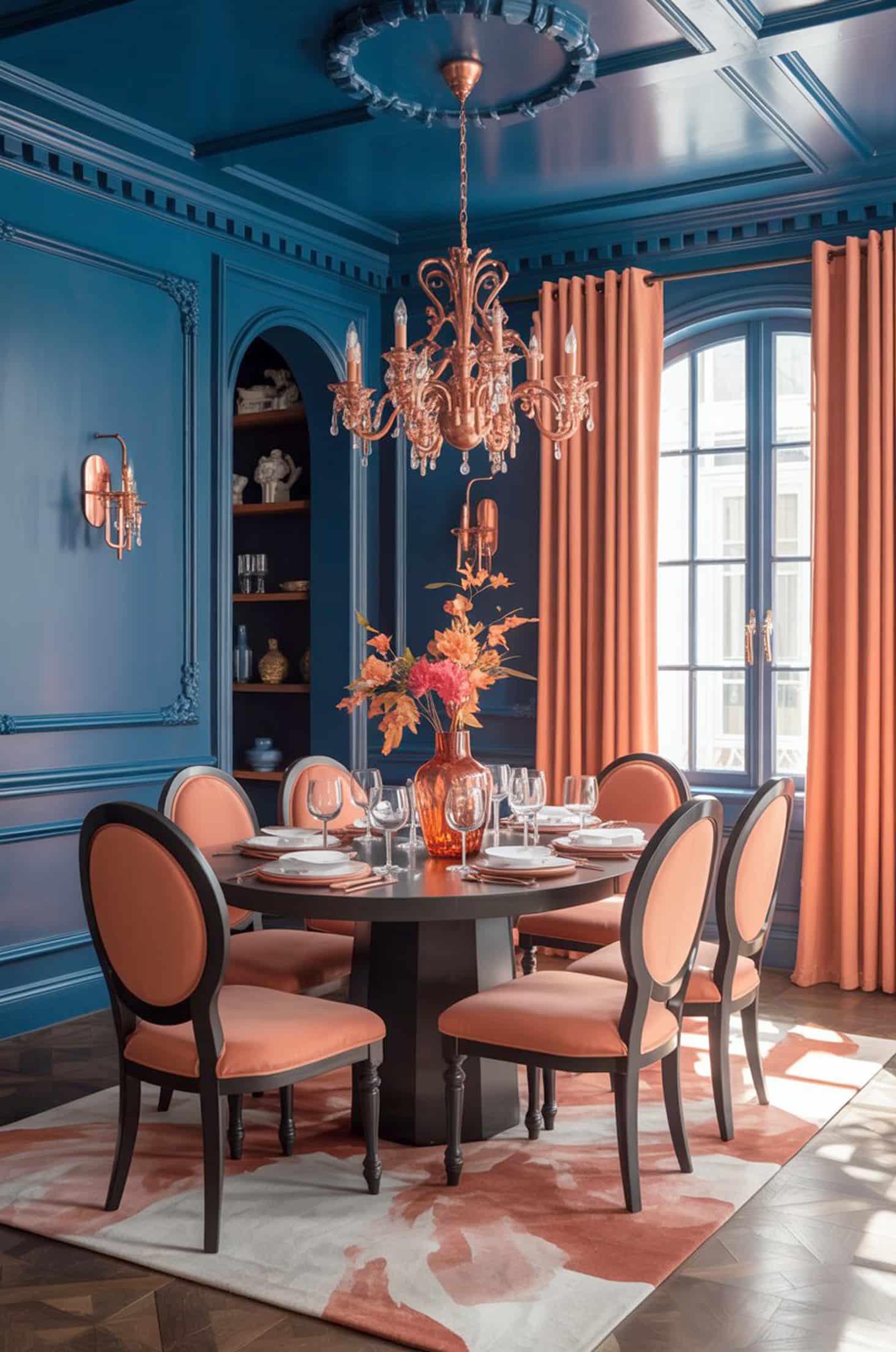 Lavish rococo dining room with navy, coral & copper elements