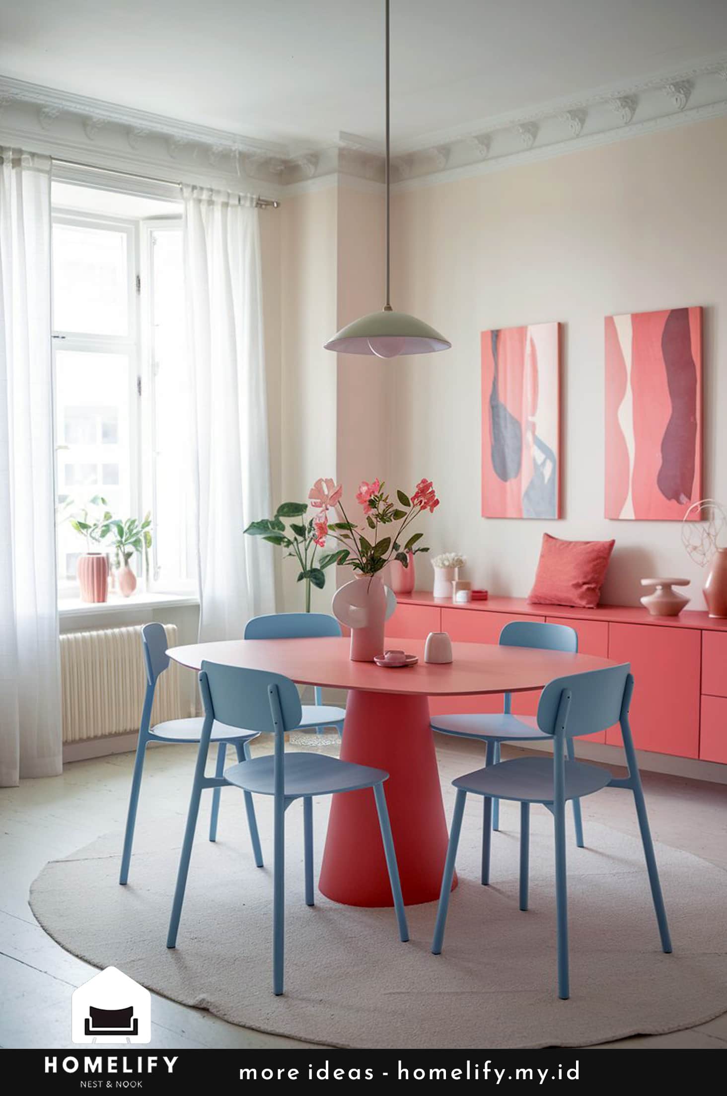 Minimalist nordic dining room with petal coral & blue accents