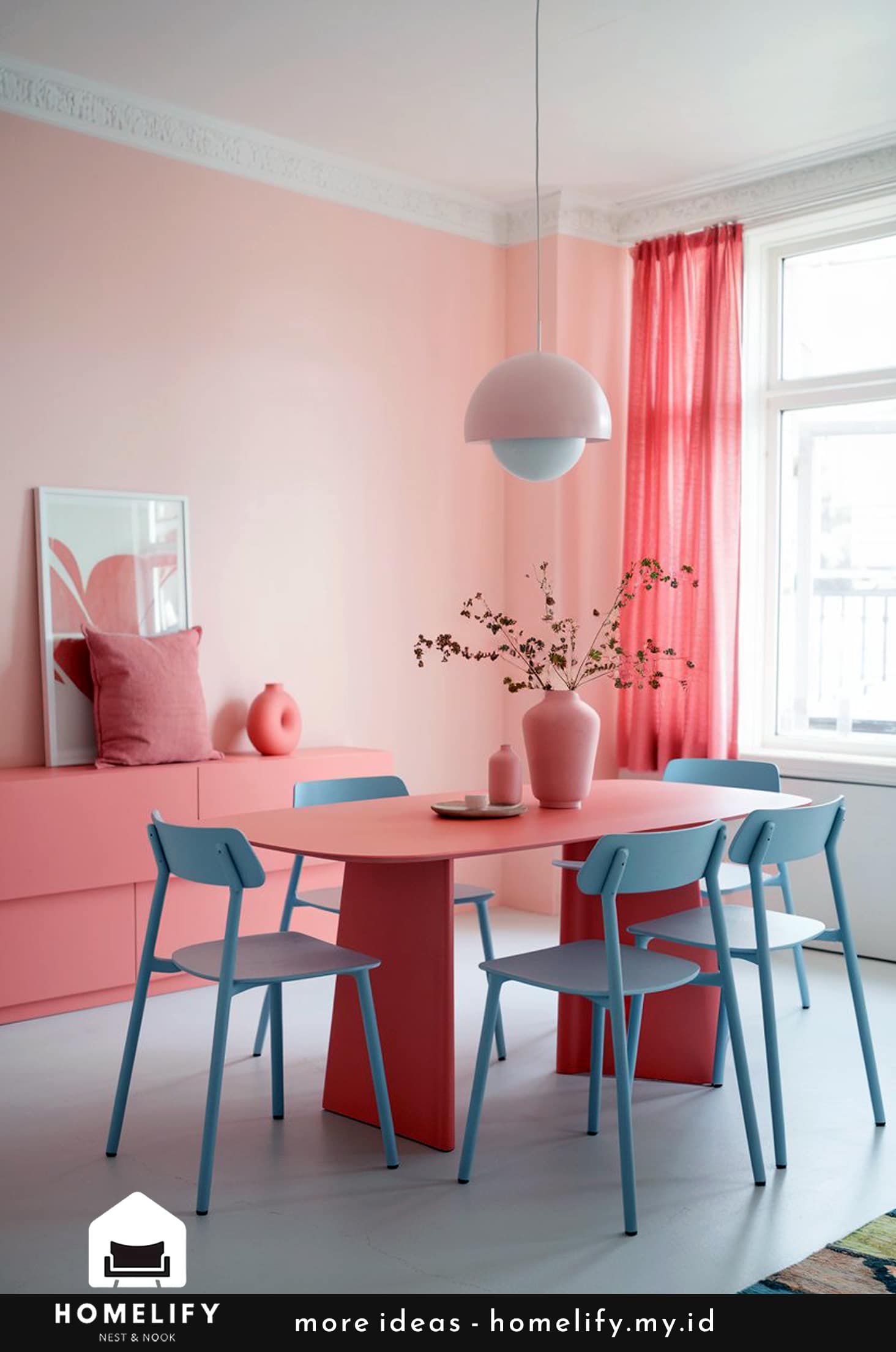 Minimalist nordic dining room with petal pink & blue accents