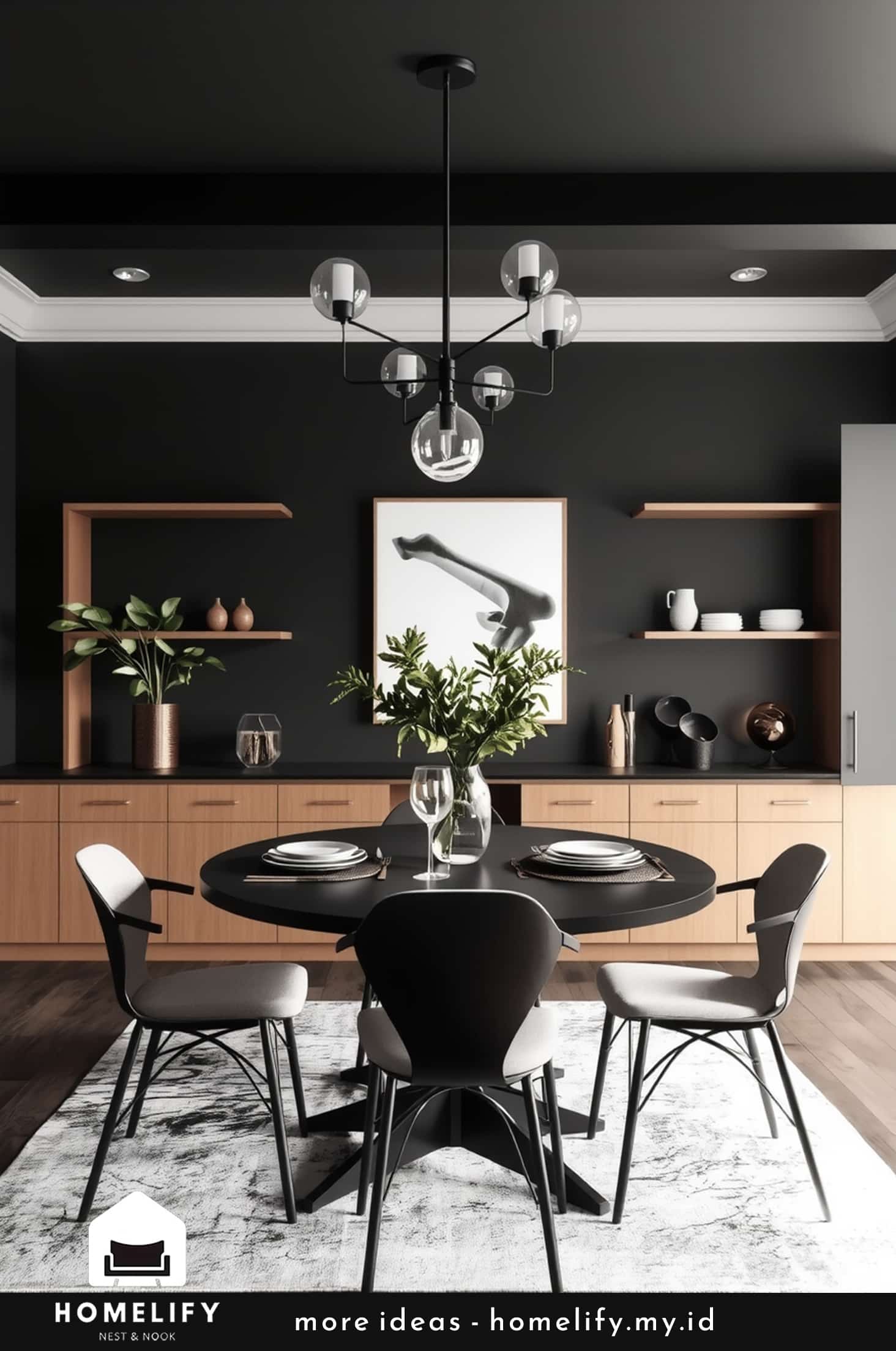 Modern black dining room with natural light and artistic touches
