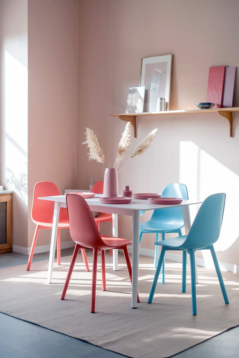 Modern nordic dining room with coral & blue chairs and white table