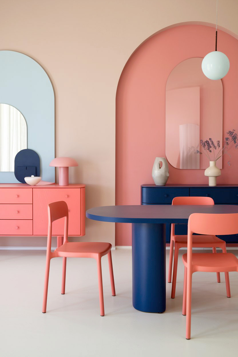Modern nordic dining room with coral & navy blue accents