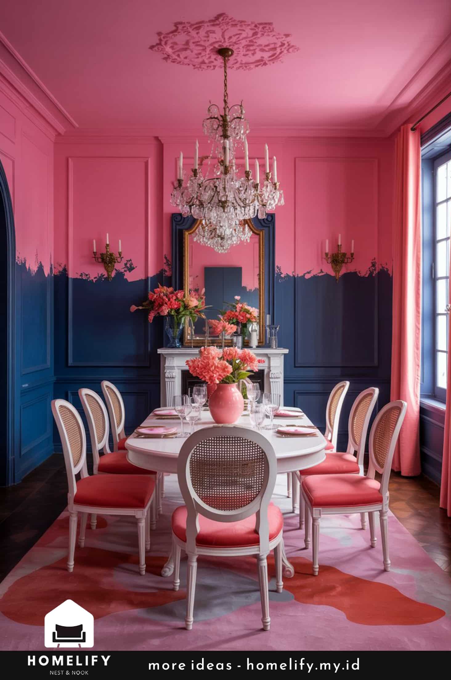 Opulent directoire style dining room with navy blue & vibrant pink