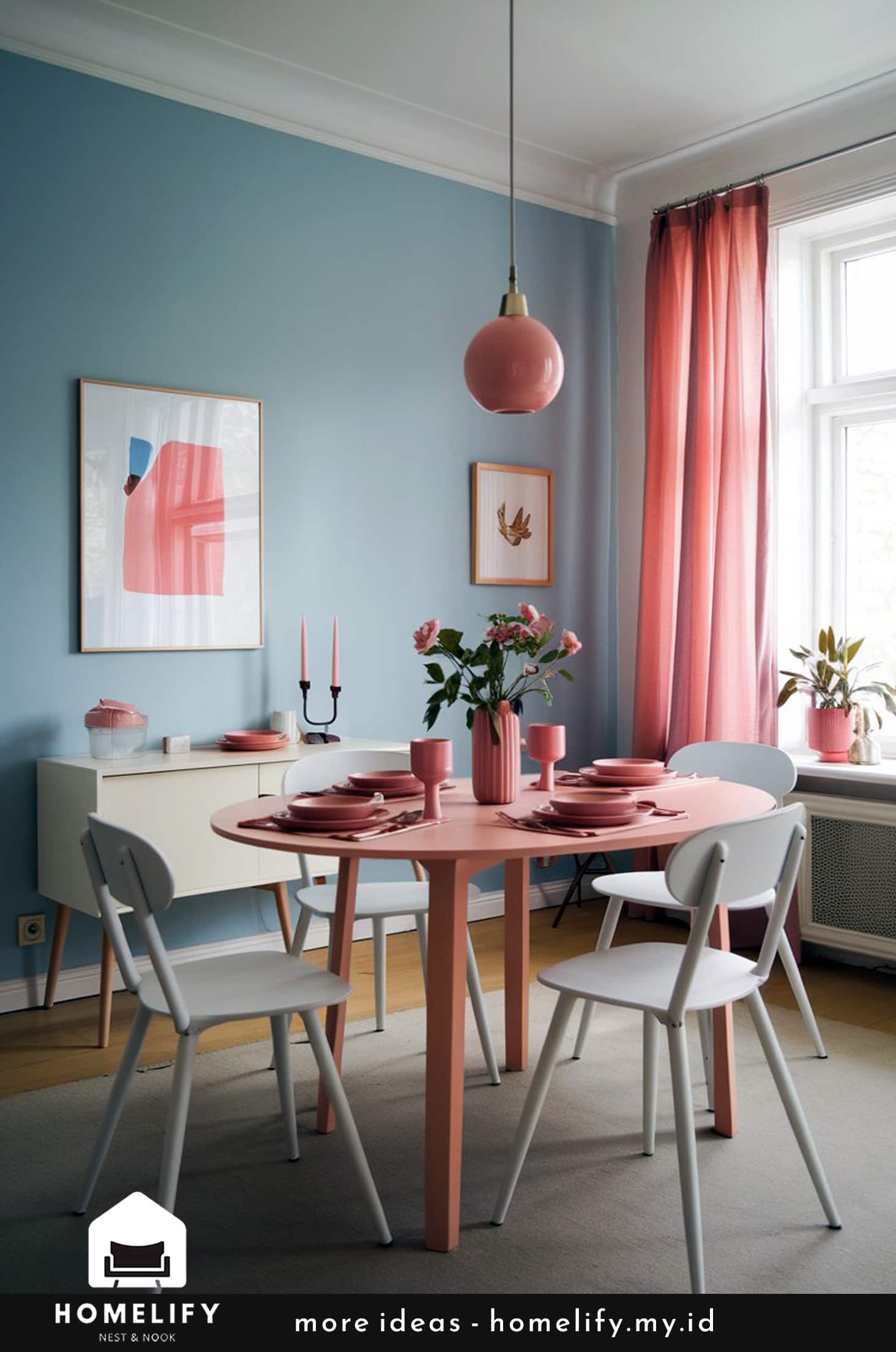 Pastel blue & coral nordic dining room with chic furniture