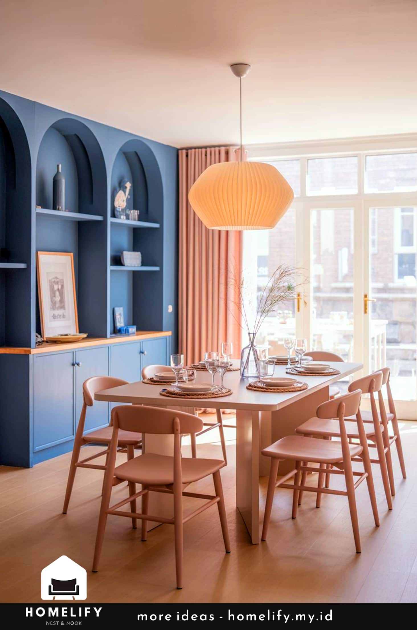 Pastel perfection nordic dining room with navy & pink accents