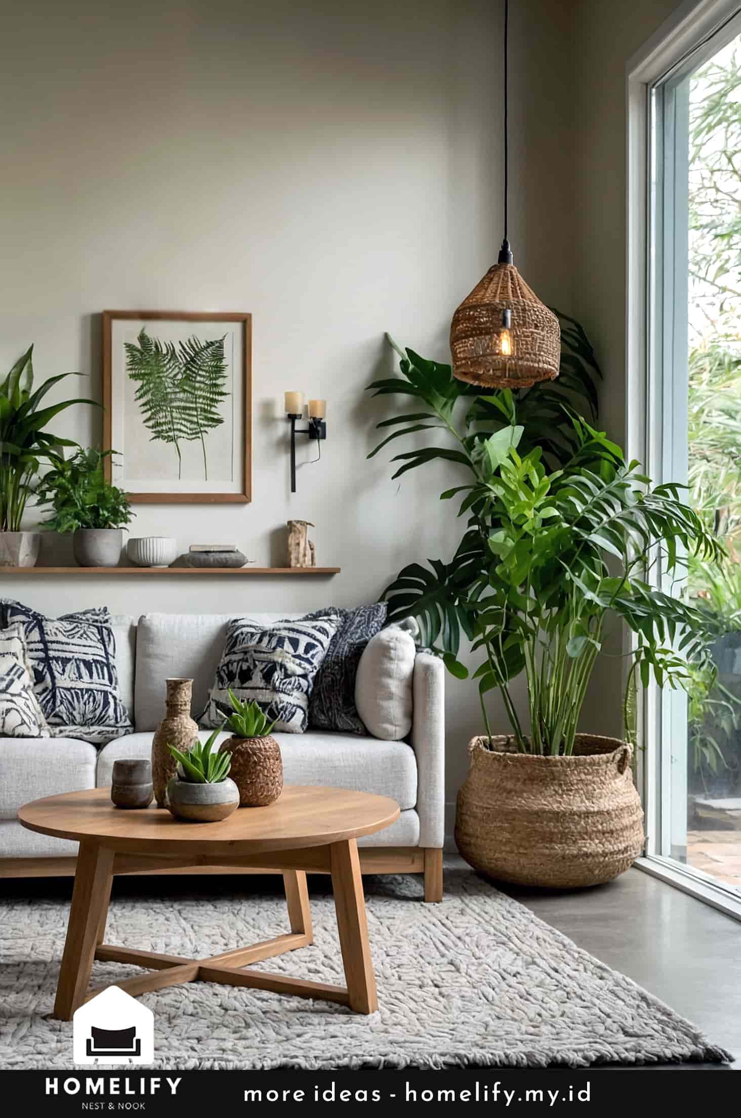 Peaceful living room design with natural elements and cozy comfort