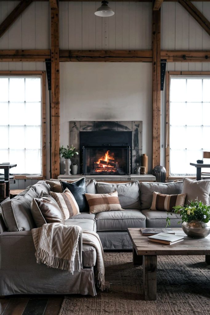 Plush sectional & fireplace warmth in barndominium living