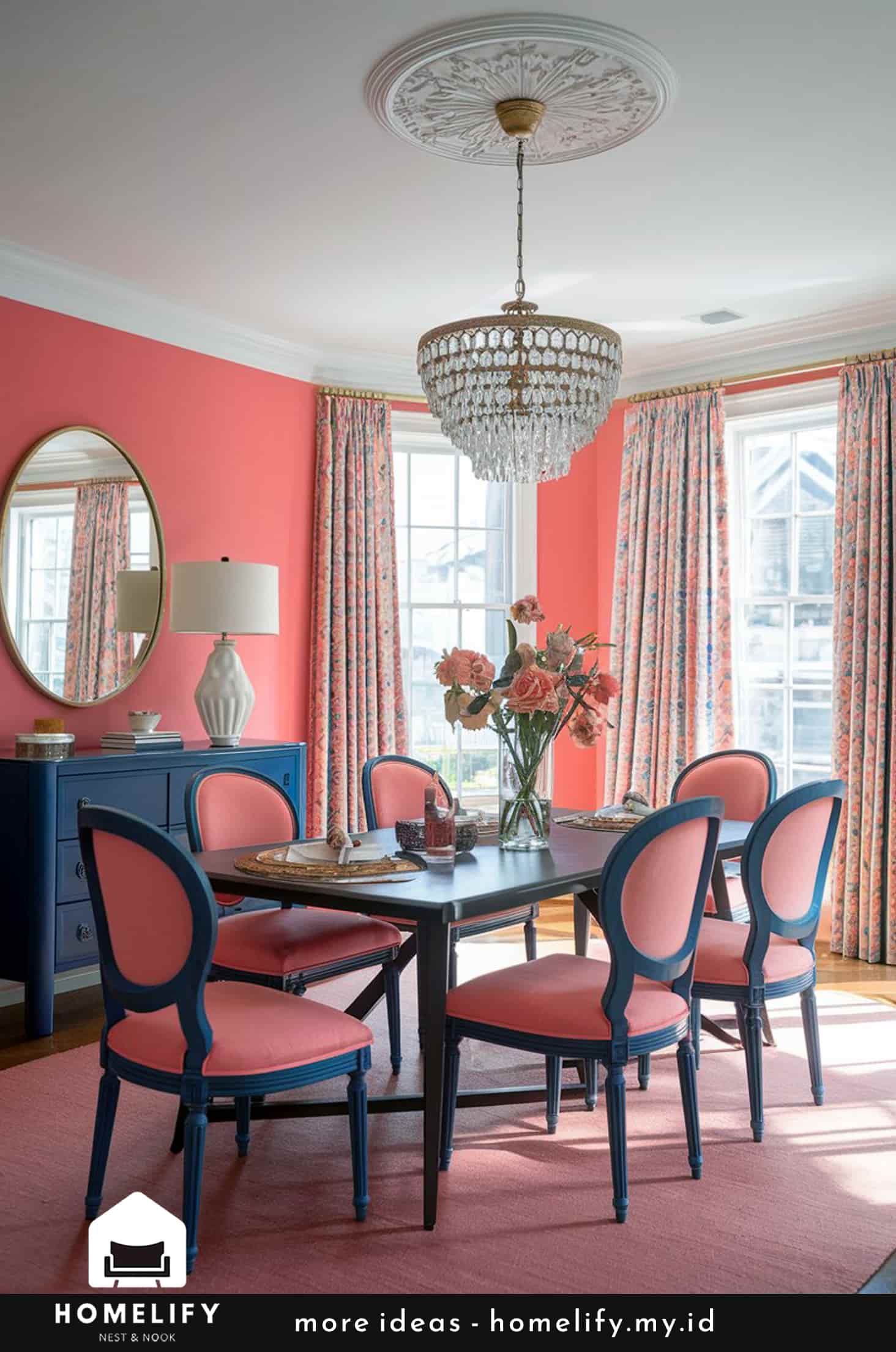 Refined directoire style dining room with pink & blue accents