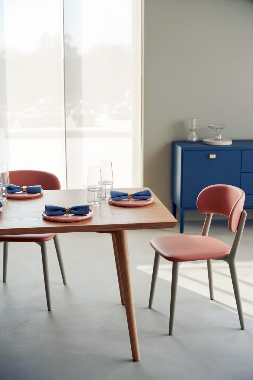 Sleek nordic dining room with blue & coral accents and modern touches