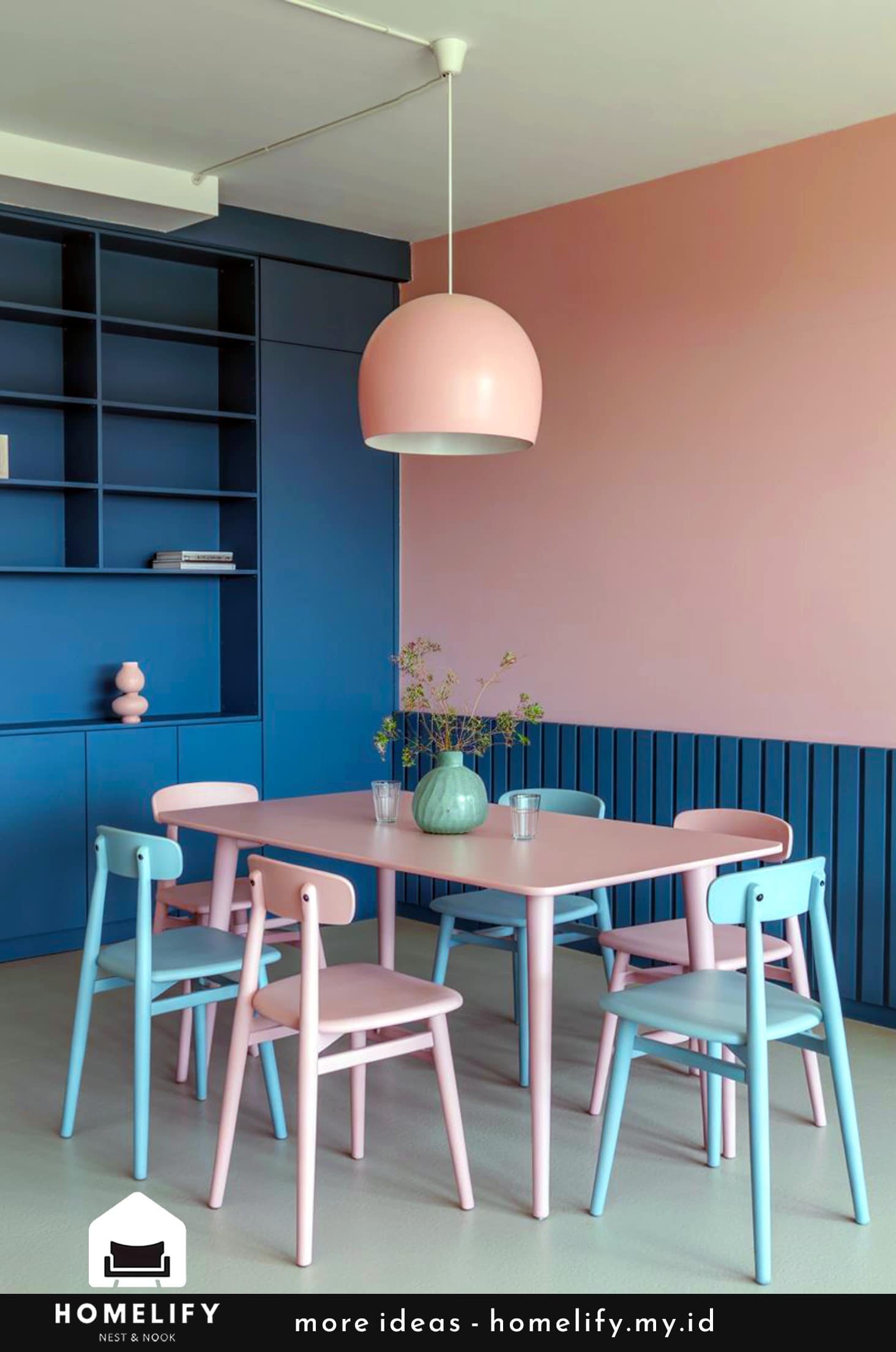 Sleek nordic dining room with pastel accents and navy touches